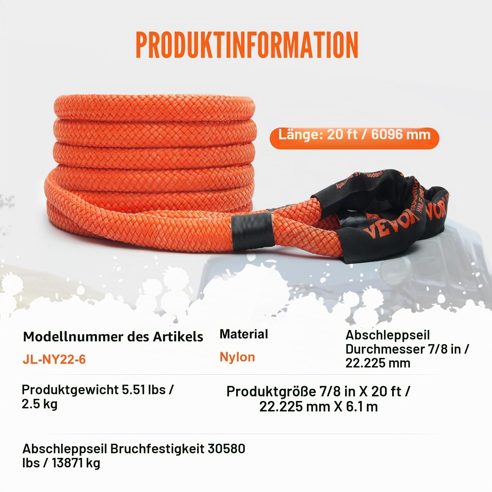 VEVOR 22 mm x 6 m Abschleppseil 13871 kg, Hochleistungs-Offroad-Abschleppgurt, Extrem belastbarer Zugseil mit 30% Elastizitätsenergie Abschlepphilfe für Jeep Auto LKW ATV UTV SUV Traktor