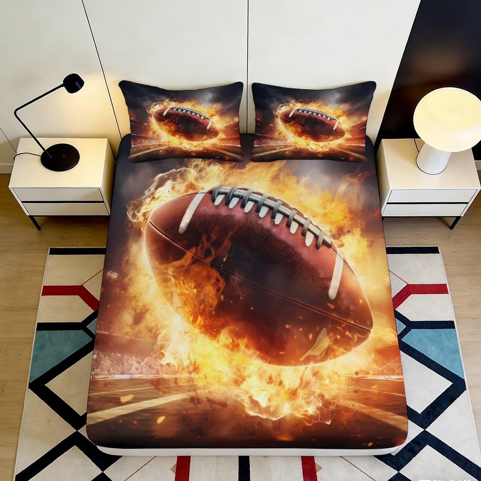3D Printed Fiery Football Fitted Sheet Microfiber Sports Stadium Mattress Cover for Bedroom Dorm Youth Decor 90x200x25cm