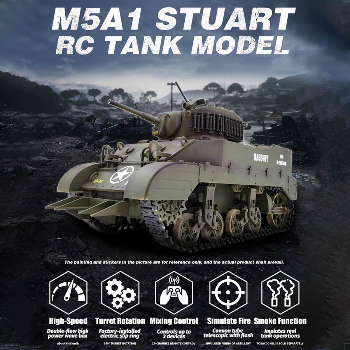 1/16 Scale RC Tank, US M5A1 Stuart, modello di carro armato radiocomandato con effetti sonori, telescopio scarico fumo R-C veicolo militare per adulti