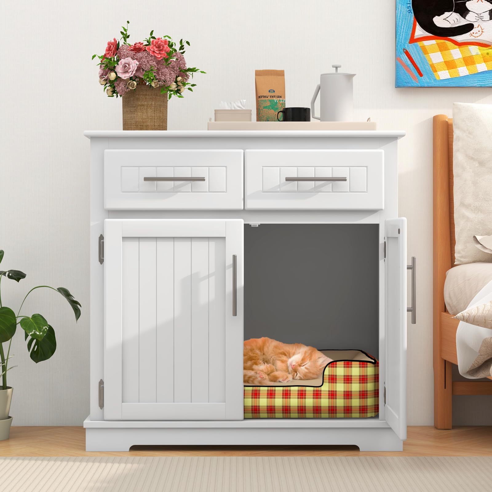 SOARS Katzenschrank, Katzenklo Schrank 3 in 1 mit 2 Türen und 2 Schubladen, Anti-Kipp-Vorrichtung & Seiteneingang, Katzenhaus Katzenhöhle Katzenkommode für Innenbereich, 80 x 45 x 80 cm