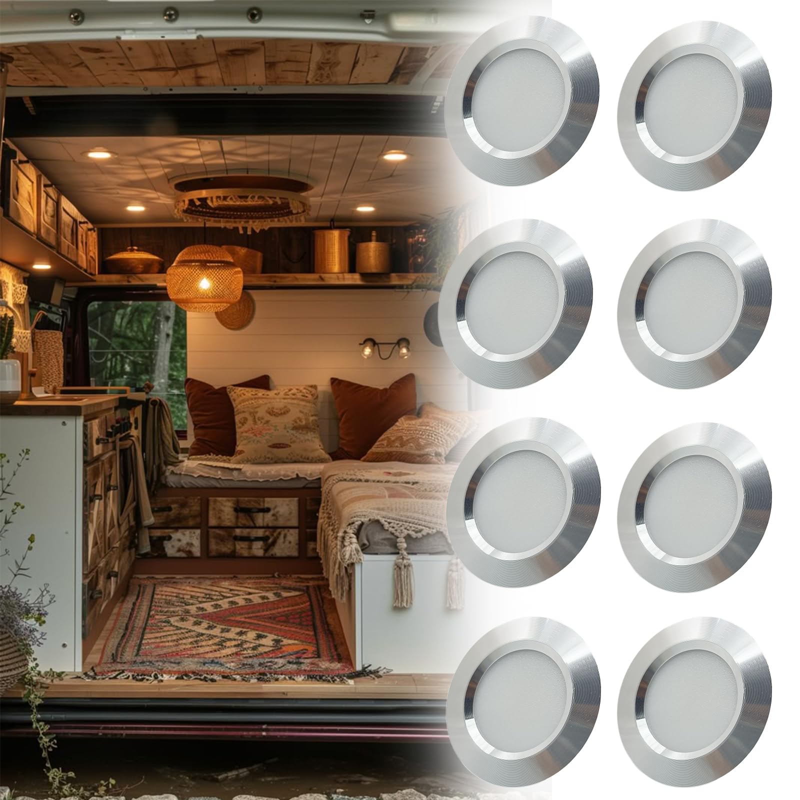 12V Campervan Encastré LED Mont Plafond Lumières Dimmable Lumières Tache 3W 3000K Lumière Chaude Pour T4 T5 Caravane Bateau Yacht Caravane Cabine Sous CRI 92+ 8 Pièces Argenté