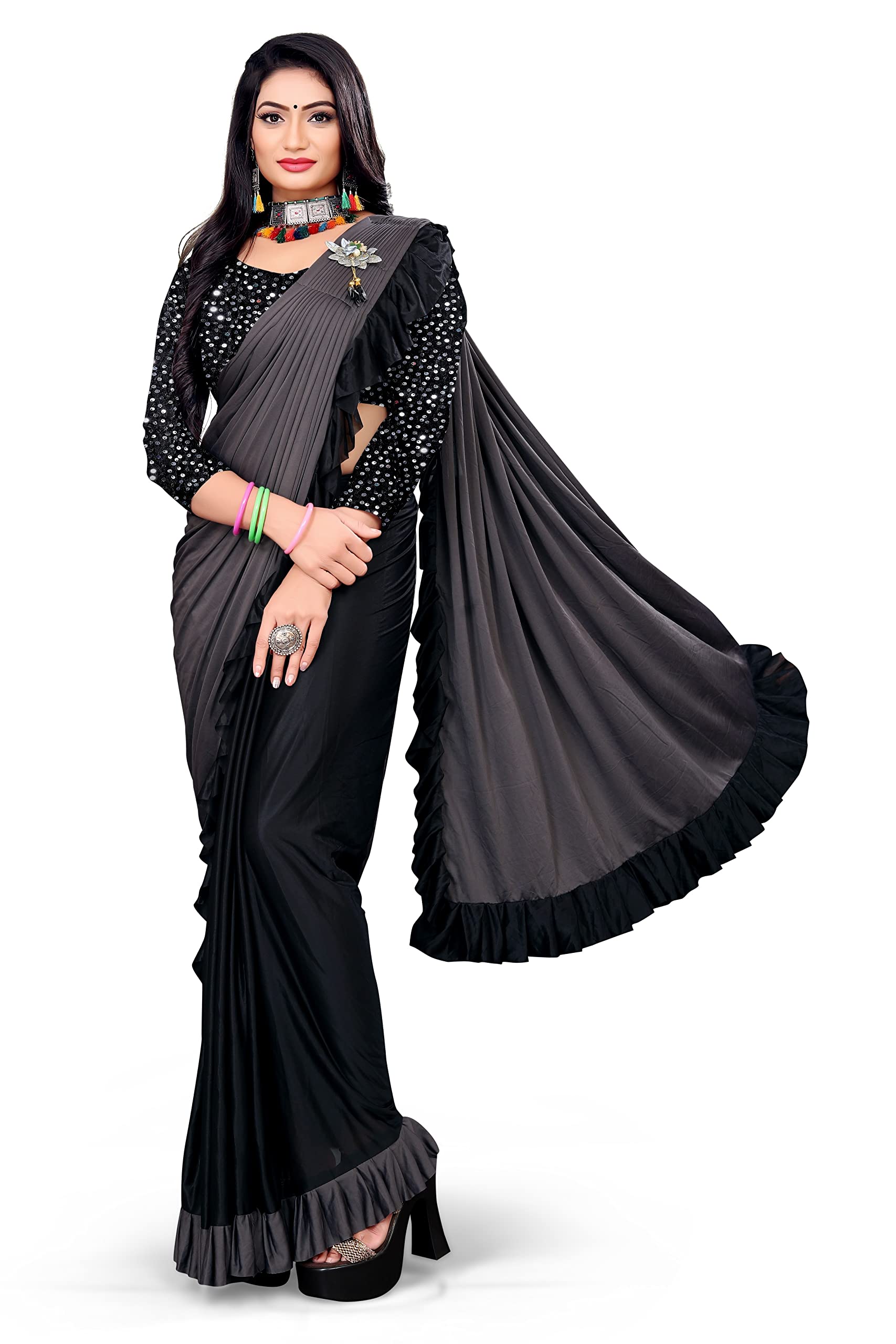 MOHIT CREATIONS Women's Party wear Pure Original Lycra Ruffle Saree With Unstitched Blouse