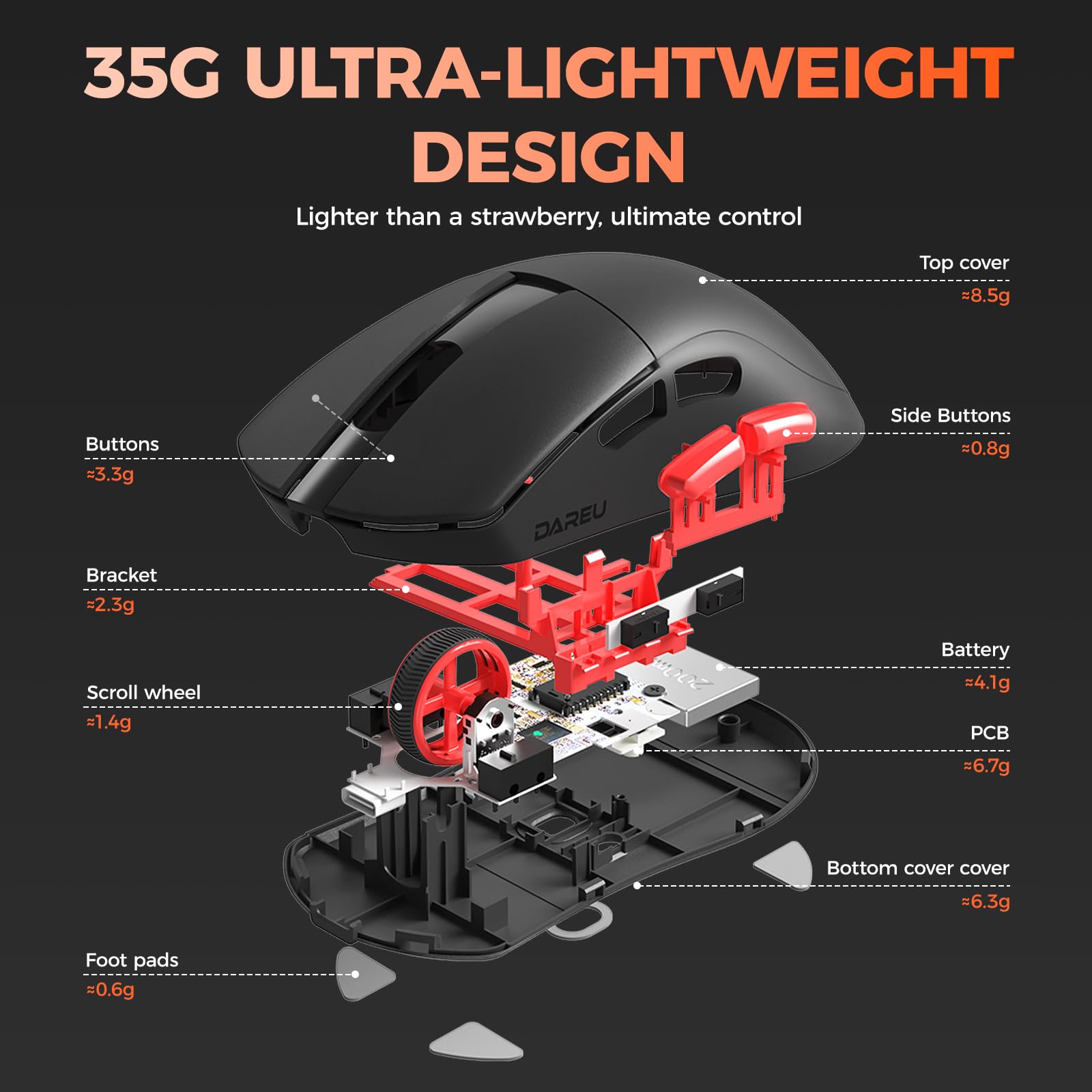 DAREU A950 Wing 8K Mouse da gioco wireless leggero 1,23 oz (35 g), sensore ottico PAW3950 30K personalizzato, doppia frequenza di polling 8k cablato/wireless, simmetrico, 5 pulsanti programmabili