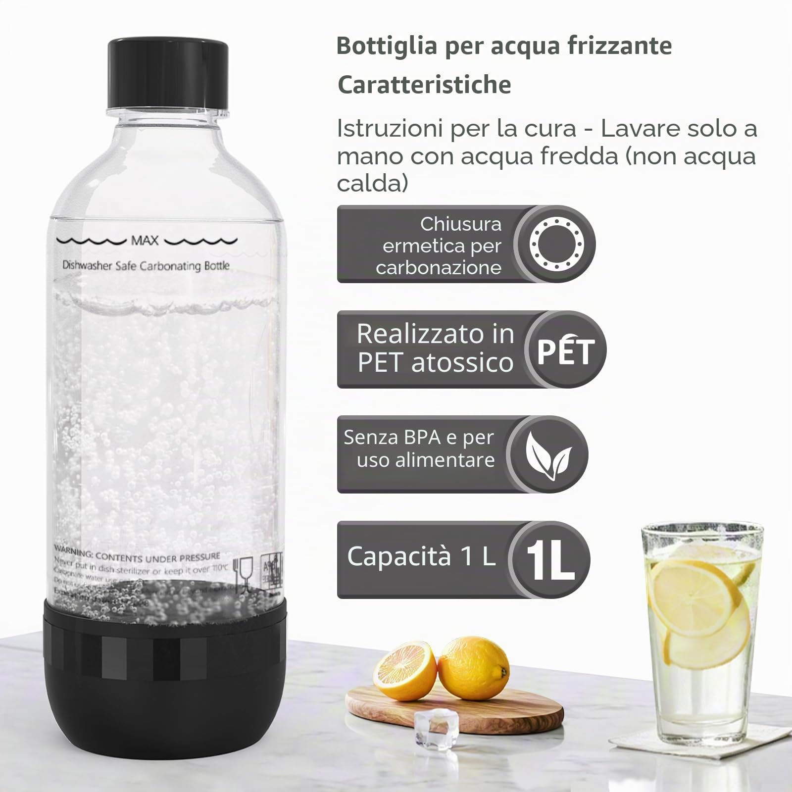 Bottiglie per Soda 1L, Confezione da 2, Senza BPA, PET, Riutilizzabili, 2x Nere, Compatibili con Macchine per Soda e Acqua Frizzante