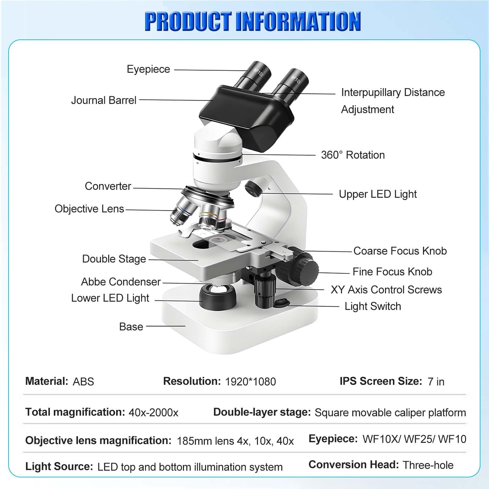 Microscopio binocular de laboratorio con pantalla HD y salida USB, ideal para universidad, escuela de medicina y aplicaciones de enseñanza de investigación