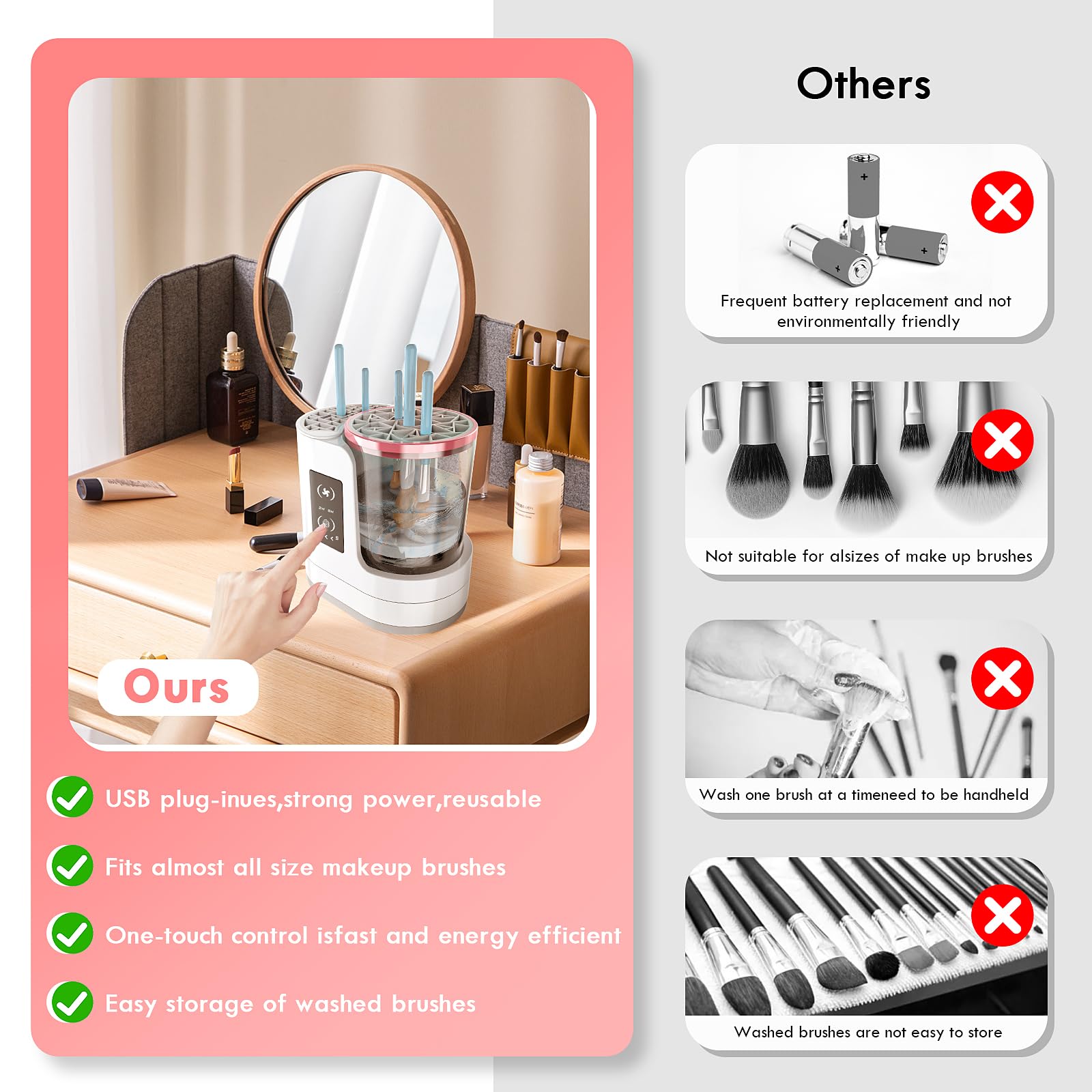 Weinsamkeit 3 in 1 Detergente Pennello Trucco, Trucco Pennello Asciugatrice Titolare Organizer Macchina, Pulizia Automatica per tutte le Dimensioni Spazzola Strumento di Bellezza (A)