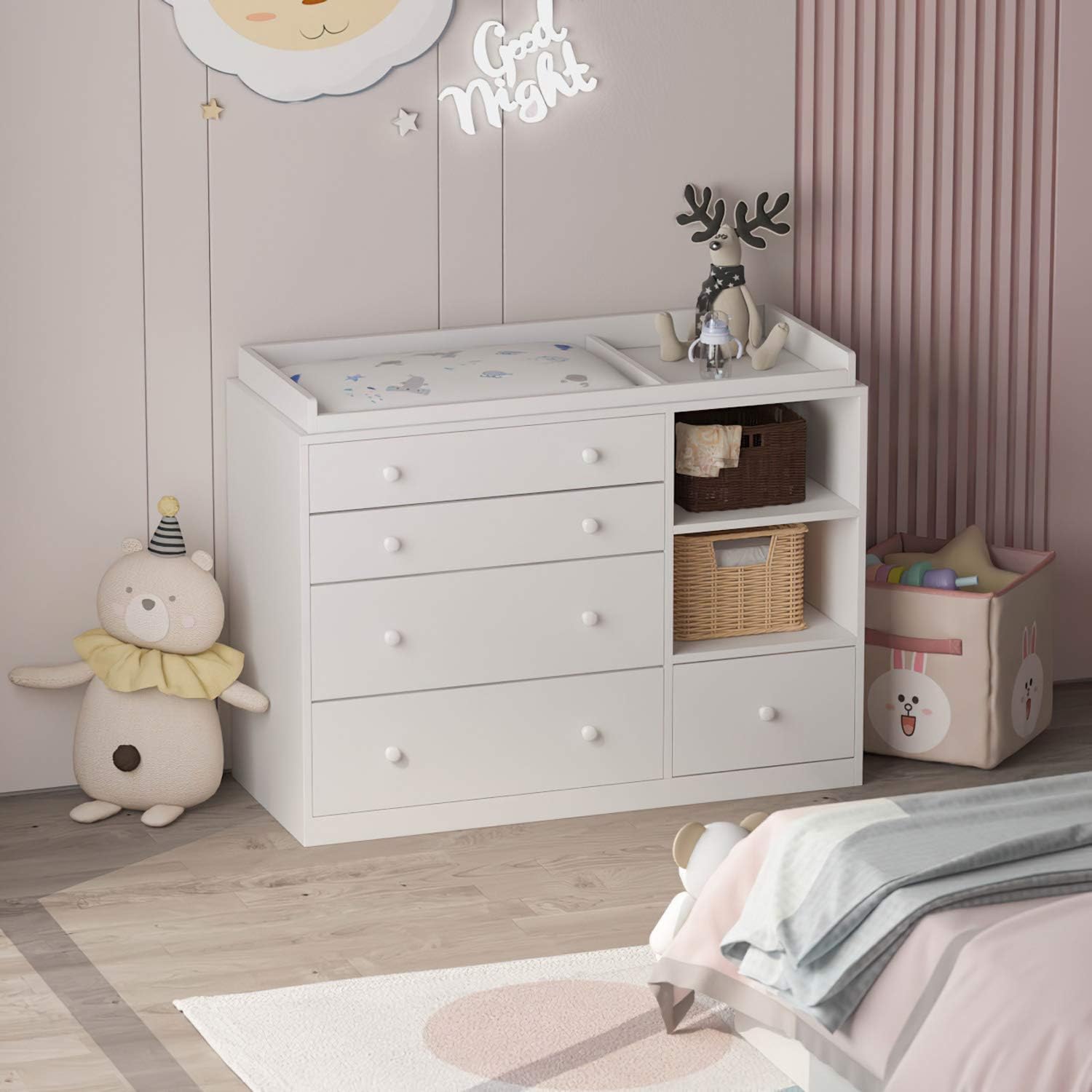 FAMAPY Nursery Dresser Baby Dresser with 5 Drawer & 2 Shelves for Bedroom Nursery White (47.2”L x 19.7”W x 33.3”H) : Baby