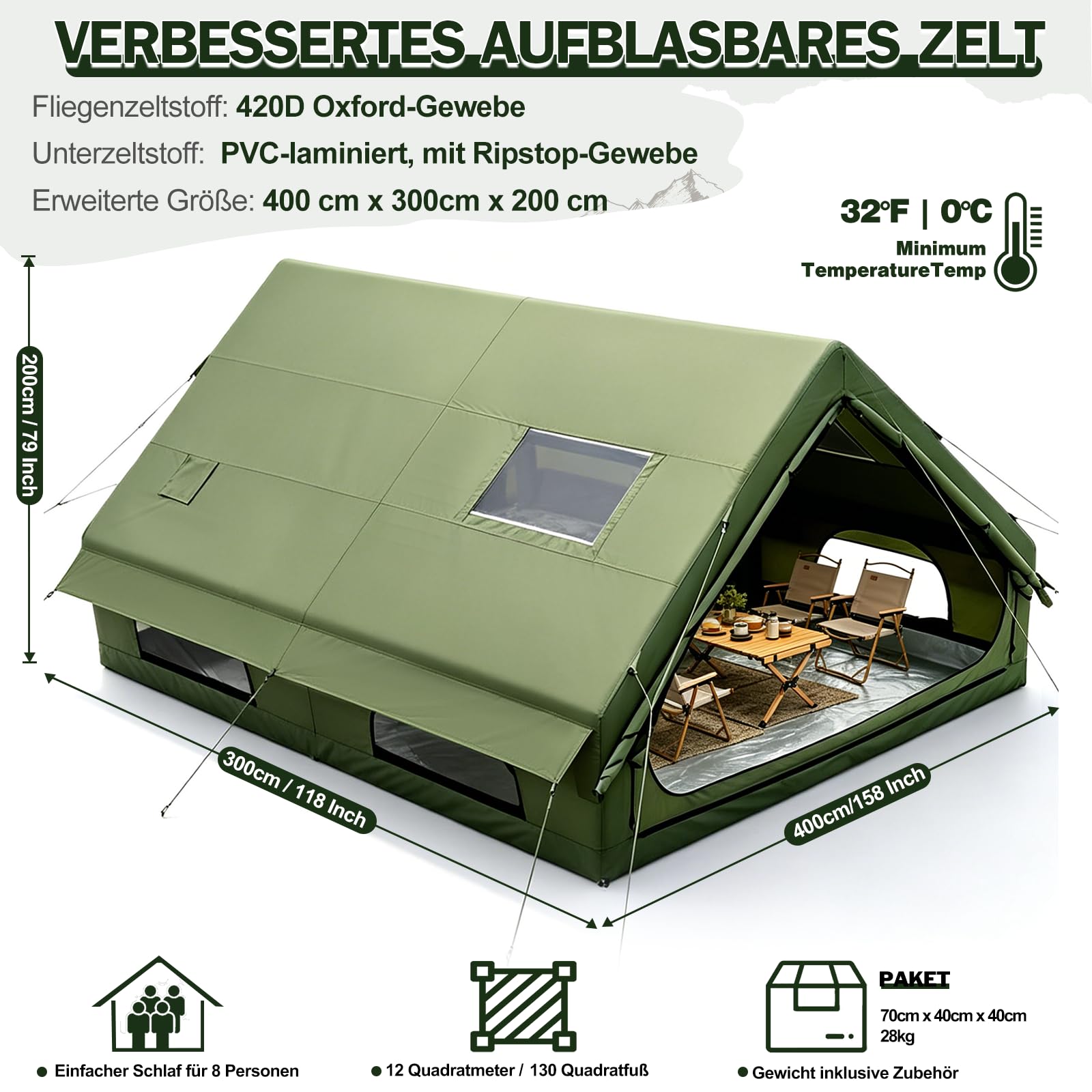 Tenda gonfiabile da campeggio con pompa, 420D Oxford Glamping, tenda gonfiabile per campeggio, impermeabile fino a 3000 mm, 4 stagioni, antivento, con finestra in rete e porte per 2-10 persone