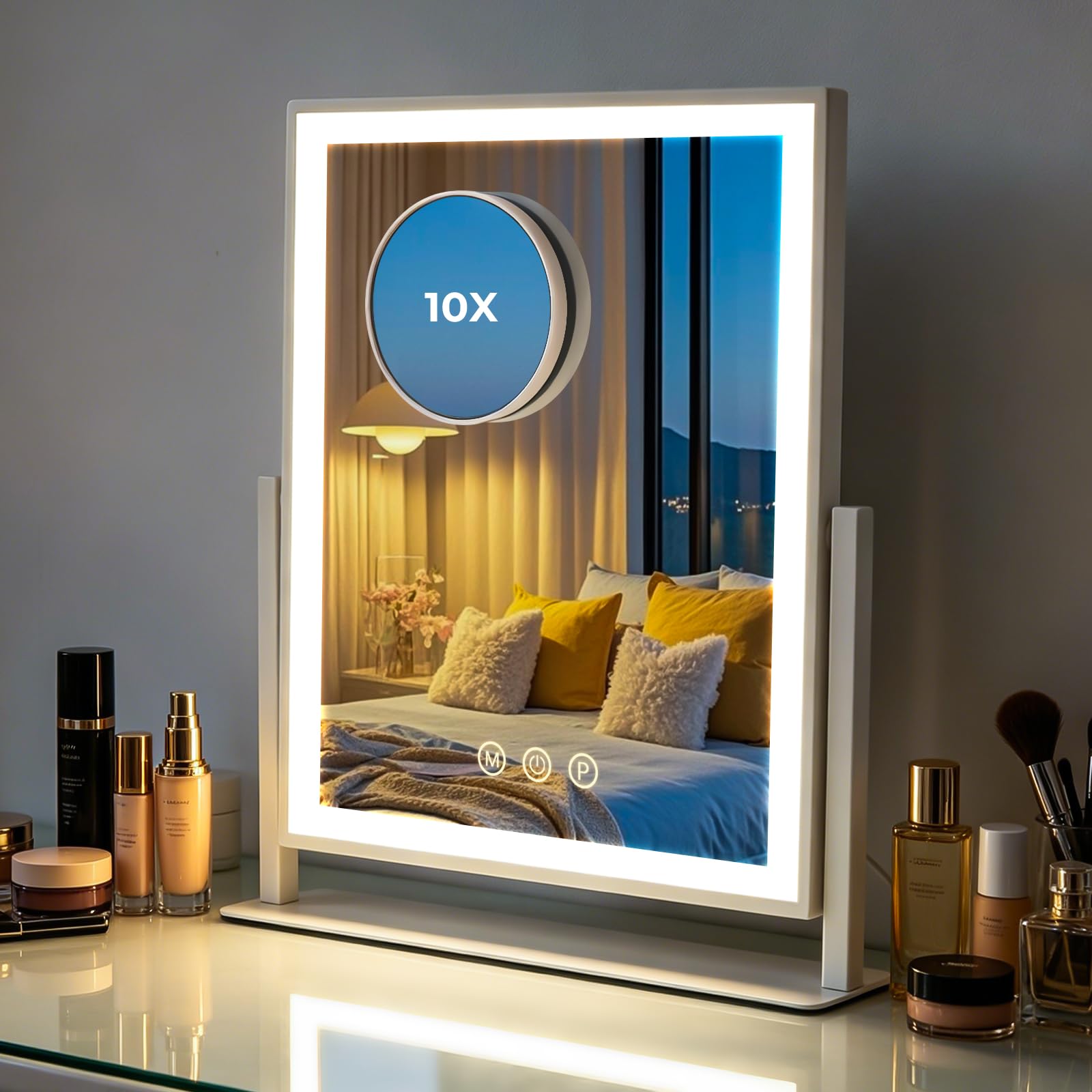 LuxeVue Vanity Mirror with Lights, Makeup Mirror with Detachable 10X Magnifier, 3 Colors & Dimmable, 360° Rotation, Compact Desktop Mirror for Vanity, White