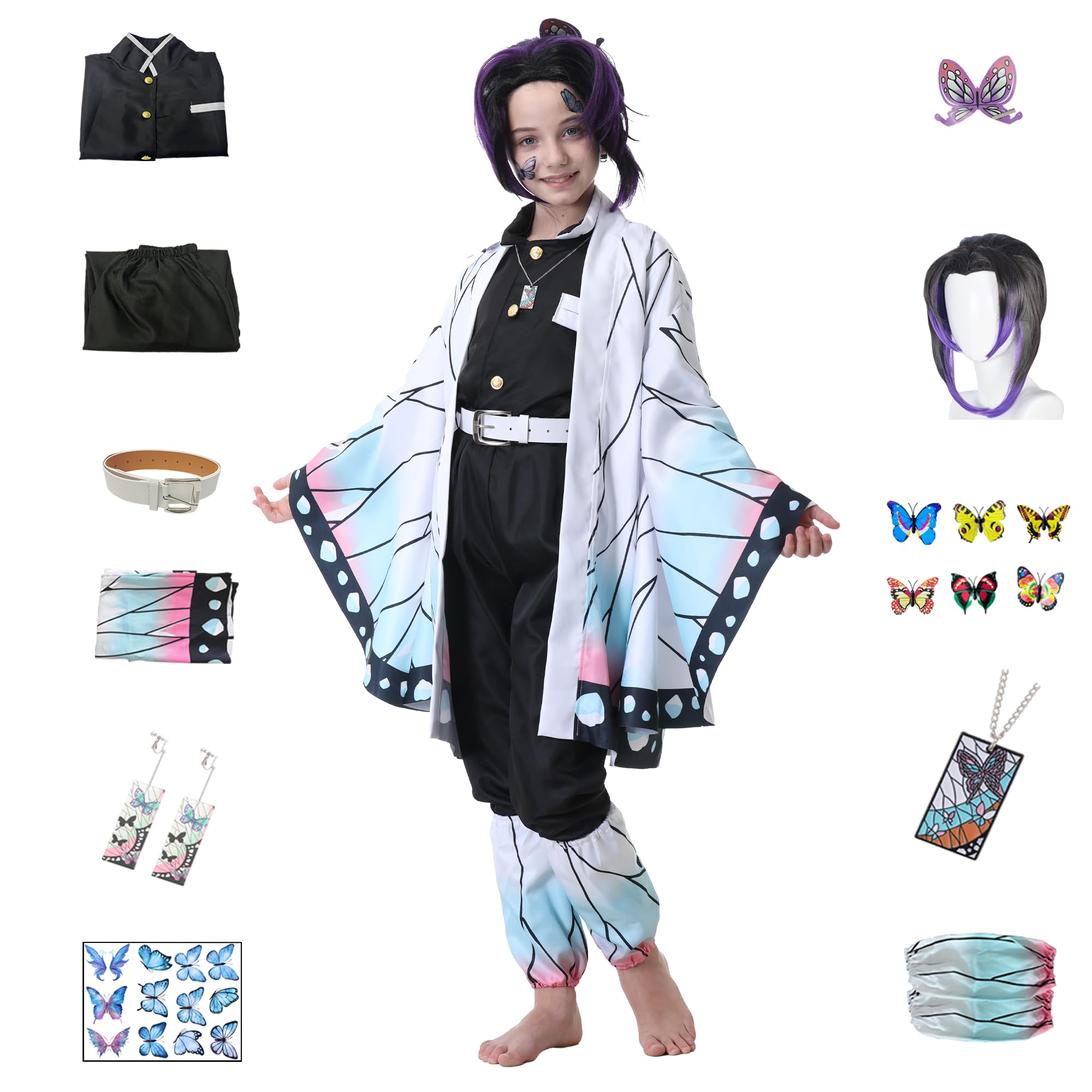 YecoSuit Butterfly Anime Japanese Purple Kimono Robe Women Girls Adult Cosplay Kimonos Costumes Halloween Outfit with Accessories (Purple, 130)