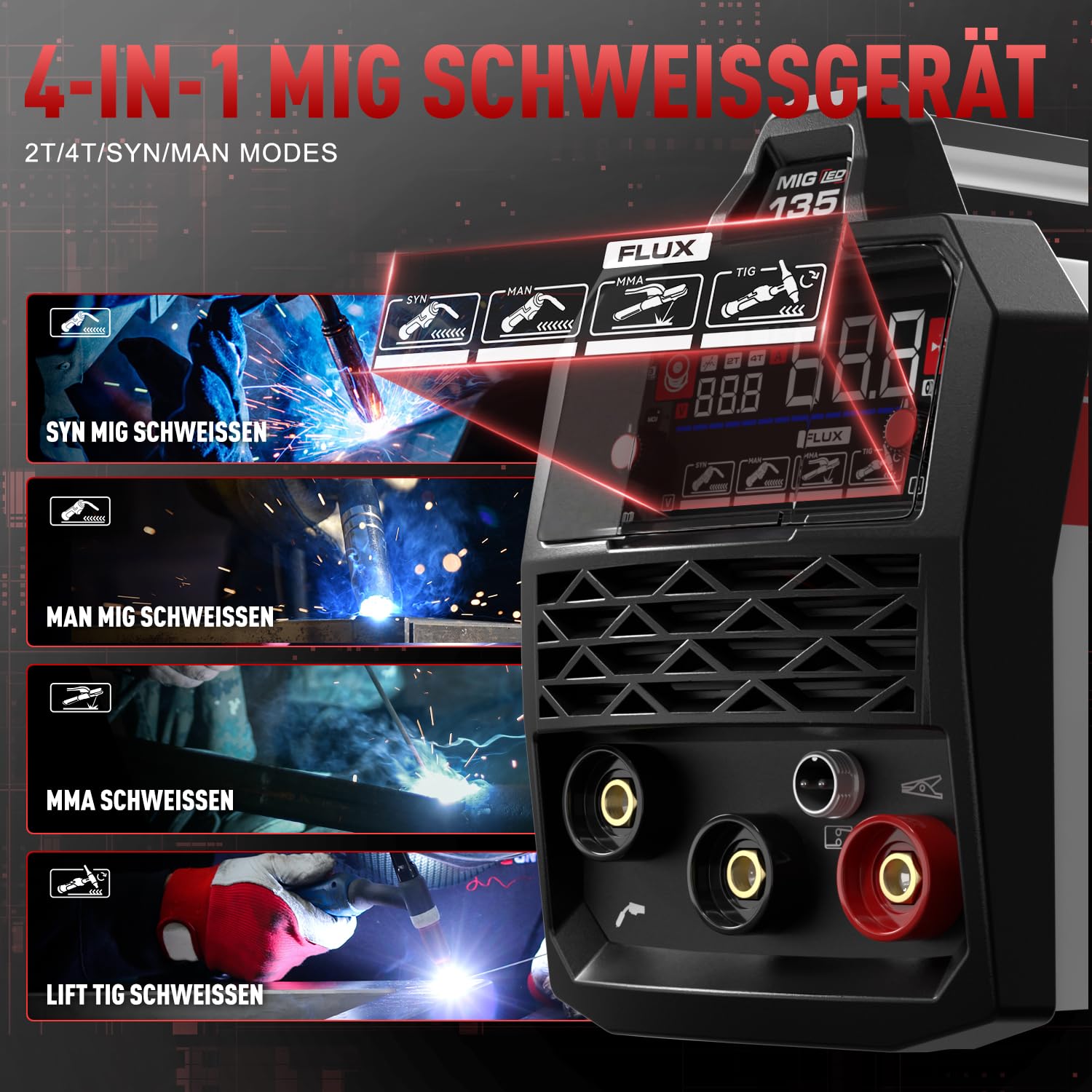 ANDELI 135A 4-in-1 Kompakt Schweißgerät ohne Gas mit Fülldraht & PULSO | 230V Komplett-Set inkl. Helm & Handschuhe | Mit großer LED-Anzeige & Synergie | Für MIG, WIG-Lift & E-Hand - sofort startklar