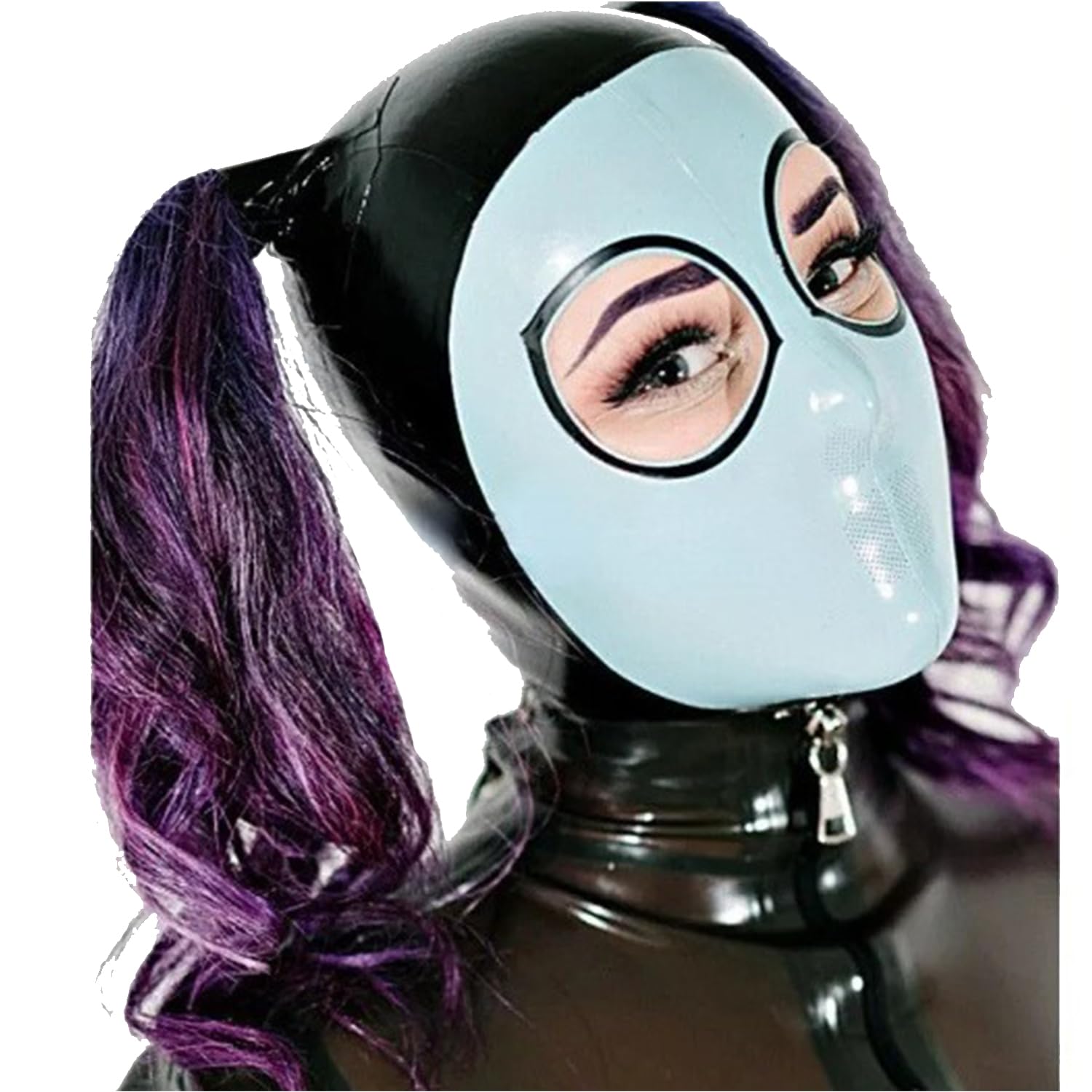 WXLPCGO Latex Hood with Double Ponytail Open Eyes Mouth Back Zipper Handmade Special Cool for Unisex Cosplay Club(Size:M-65CM)