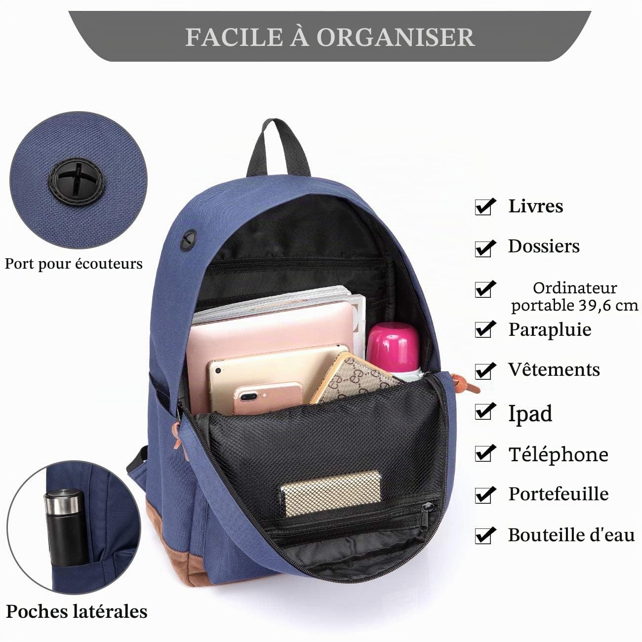 VASCHY Sac à dos pour homme et femme Sac à dos d'écolier Sac à dos pour ordinateur portable Sac à dos de loisirs
