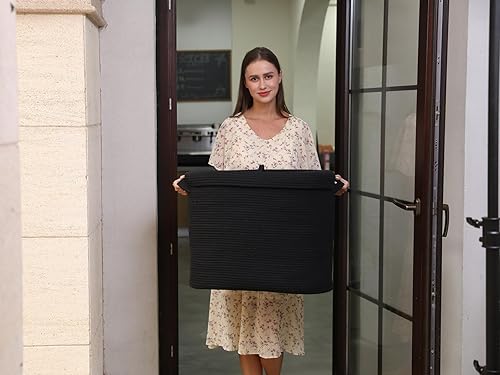 Miniatura 72 de Cesta de almacenamiento rectangular extragrande de 22 x 14 x 18 pulgadas con tapa, cesta de almacenamiento grande de cuerda de algodón, cesta