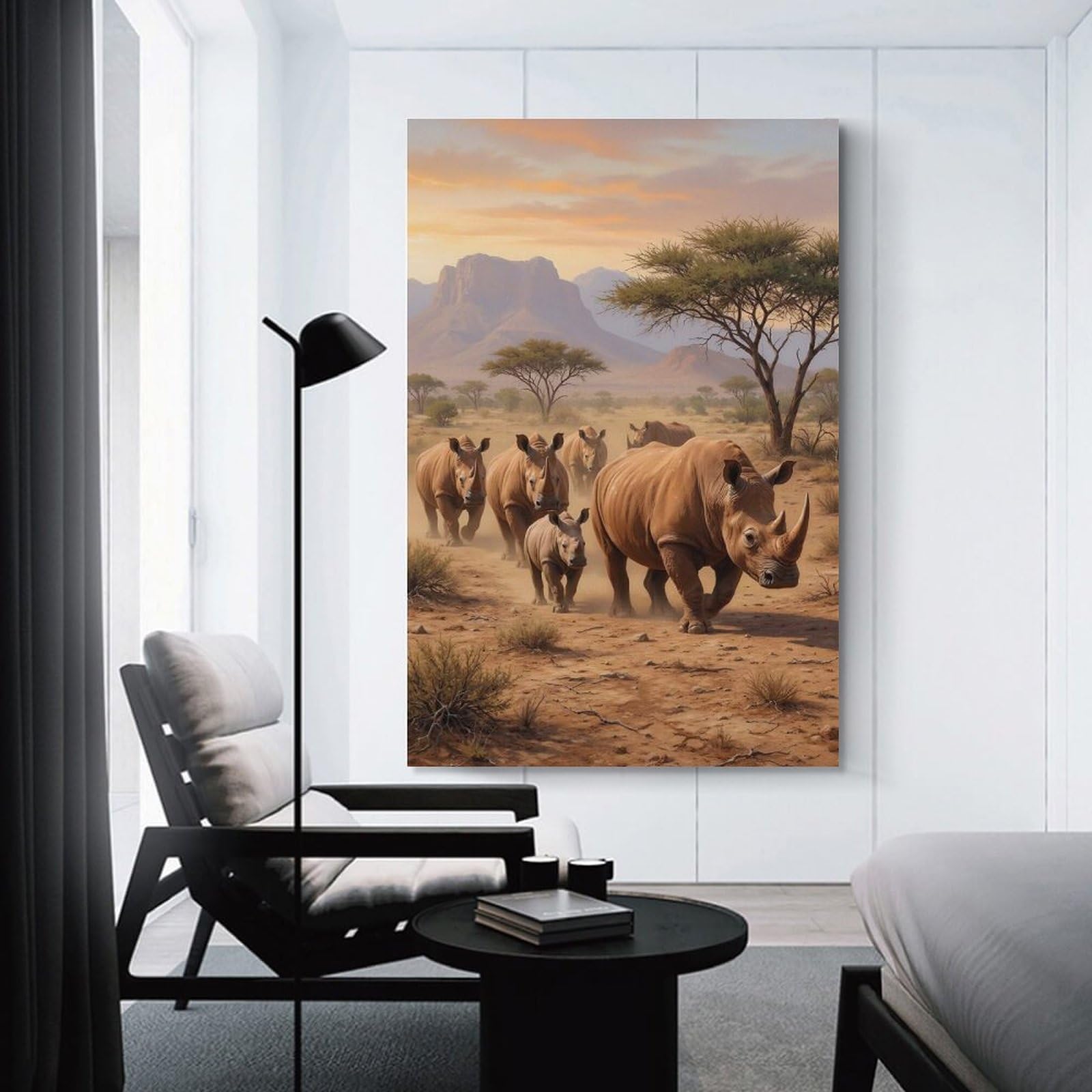 Junmoney Rhino Herd in African Landscape Wall Art Print, 16x24inch(40x60cm), for Living Spaces, Bedrooms Or Relaxed Rooms, Decorative Artwork for Empty Walls