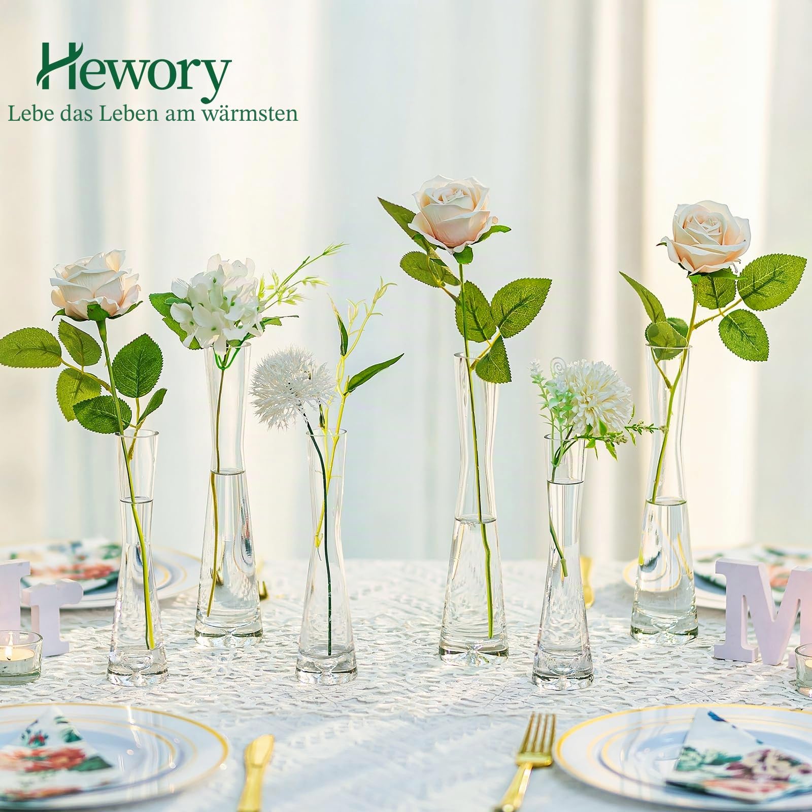 Hewory Kleine Vasen 20cm Vase Schmal Blumenvase 18er Vase für Eine Rose | Klar Glasvase, Kleine Vasen für Tischdeko, Modern Vasen Set für Hochzeitsdeko, Party, Geburtstag, Wedding, Geschenk