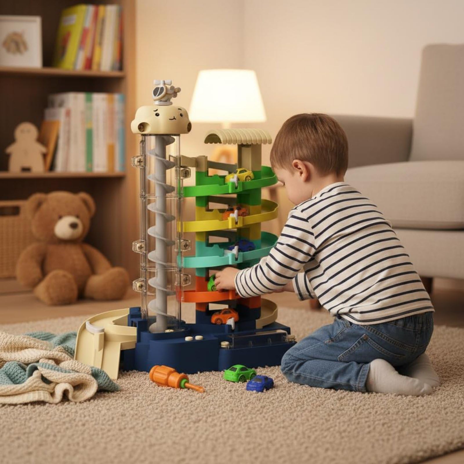 Kinder Parkspiel Garage Spielset Autorennbahn Fahrzeugrampe Parkhaus Elektrolift Elektronik mit Licht Und Musik für Geschenk An Kinder Zuhause Lernspiele, 5-Stöckiges Parkhaus