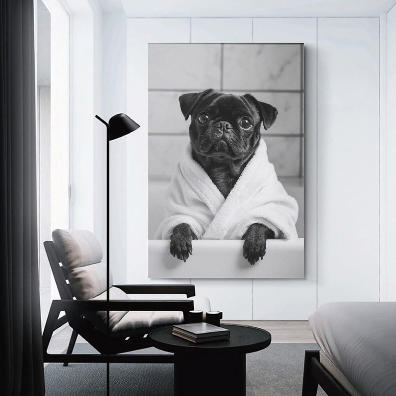 Junmoney Unframe-Style-18 Pug In Robe Funny Bathroom Poster Canvas Wall Decor, 16X24inch(40X60cm), For Wall Displays, Bedrooms Or Room Updates, Wall Decor Suited To Curated Displays