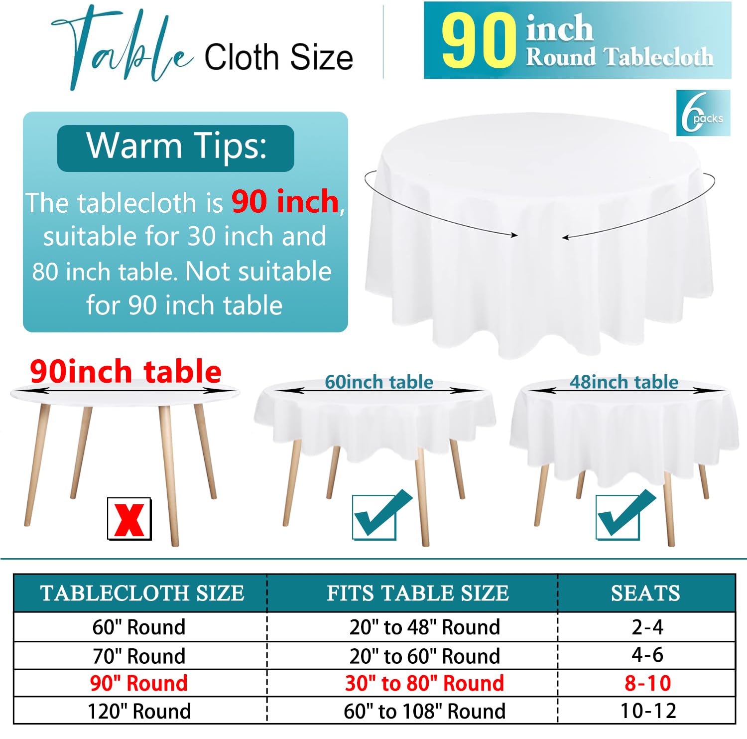 Kesfey 6 Packs White Round Table Cloths 90 Inch White Polyester Circle Bulk Linen Tablecloth Wrinkle Resistant Tablecloths Washable High Density Fabric Tablecovers for Wedding Camping Banquet Parties