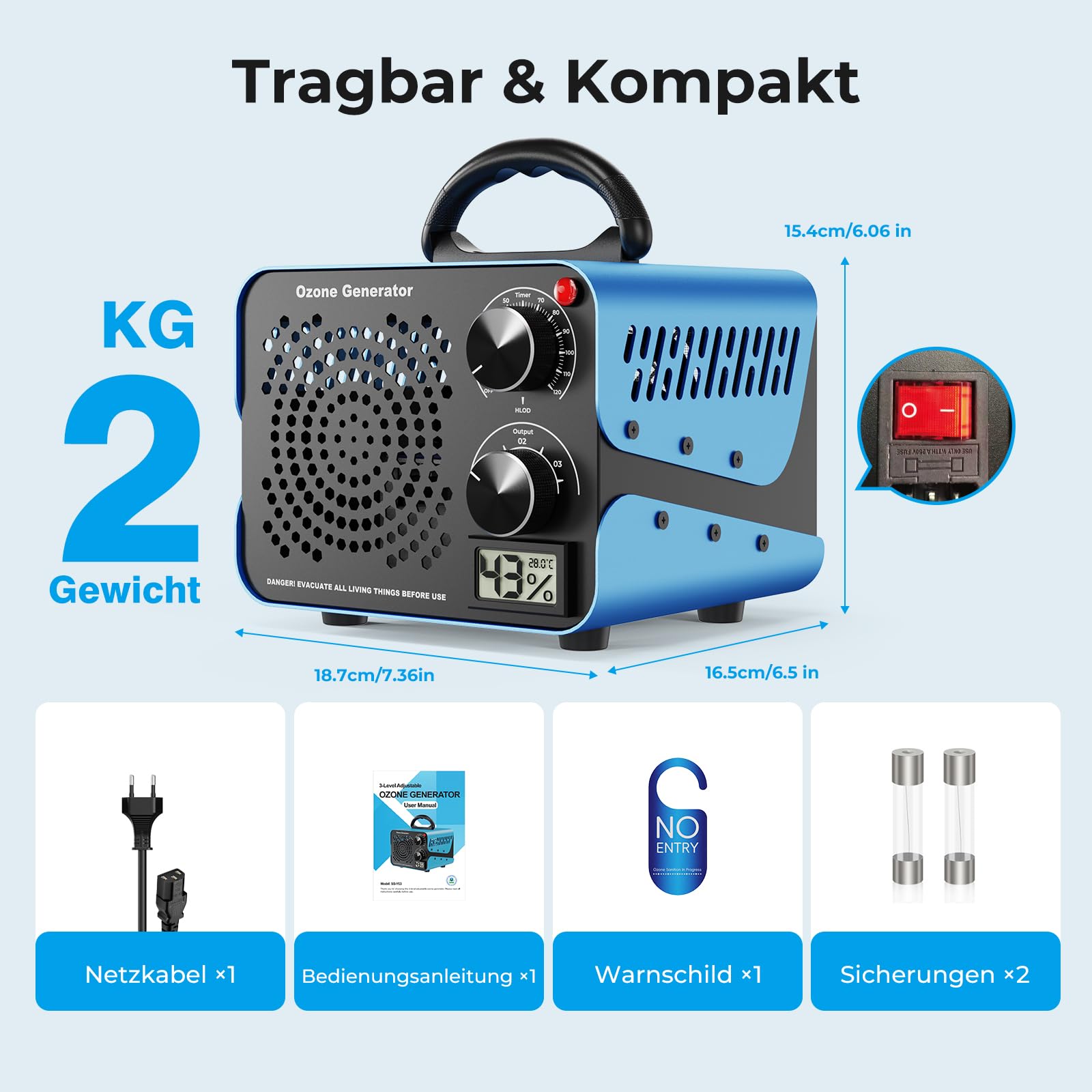 180000mg/g Ozongenerator - 2-In-1 Ozon Luftreiniger,Ozongerät mit Temperatur- und Feuchtigkeitsanzeige,120-Minuten-Timer,Ozonisator Industrieller O3 für Auto Wohnung Hotels Küche und Haustiergerüche