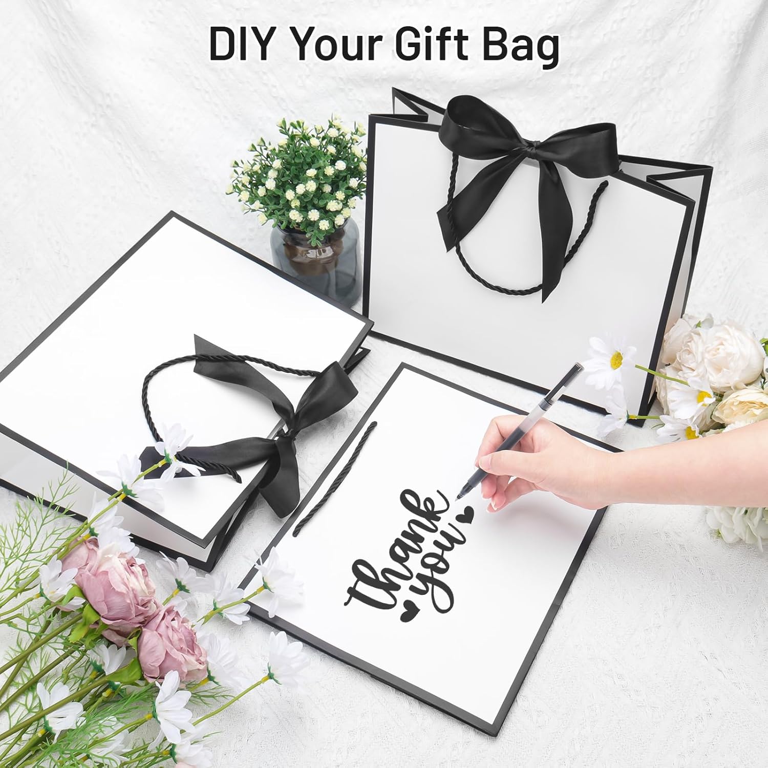 QIELSER Large Black and White Gift Bags with Handles and Ribbon, 12.5x4.5x10 Inch Paper Bags with Tissue Paper for Wedding, Bridesmaid, Baby Shower, Birthday, Holiday Party Gifts (12) - Image 5