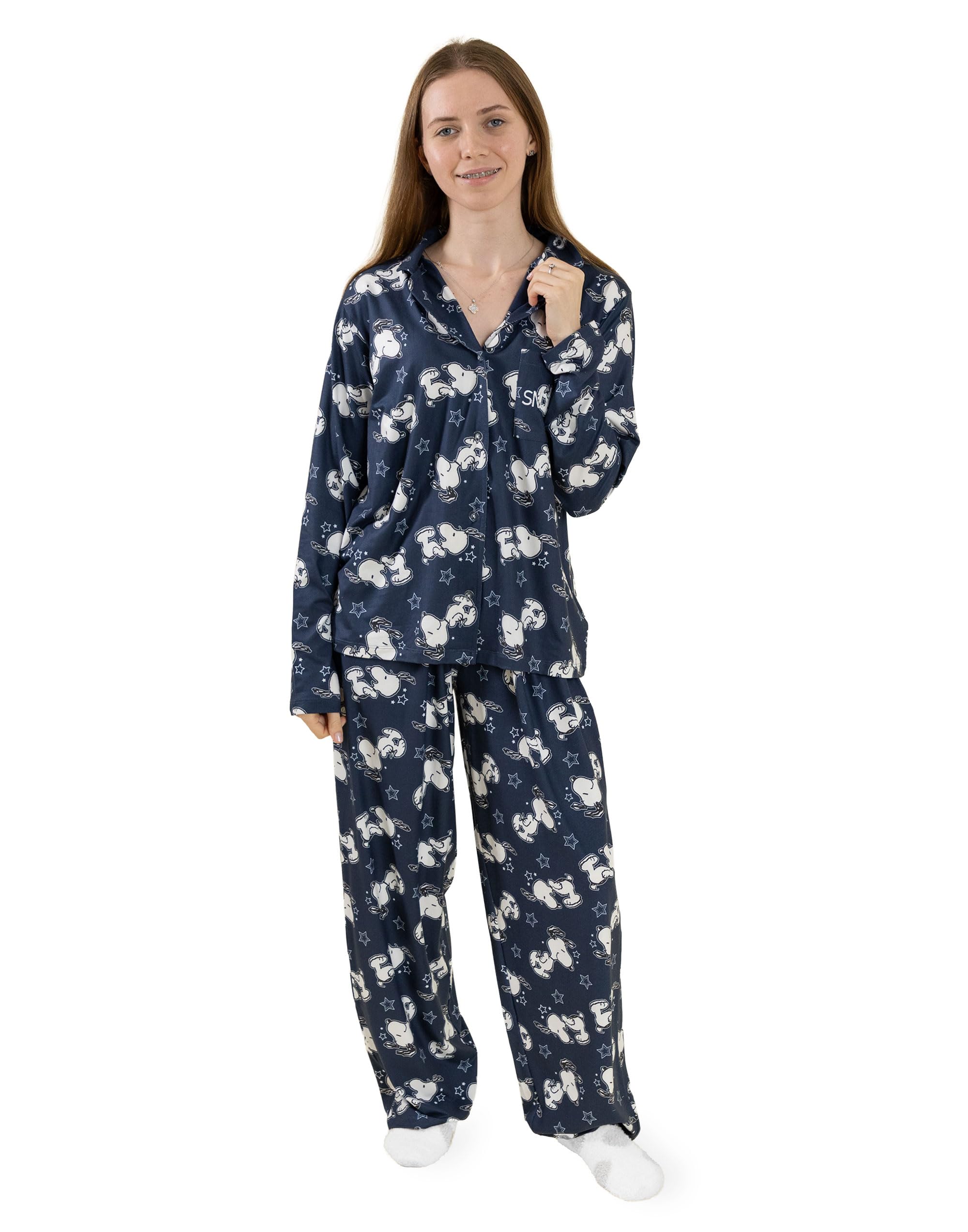 Peanuts Snoopy Women's Long Sleeve Long Leg Pyjama Set | Navy & White Collared Sleepwear | Cartoon Nightwear for Bedtime | Comfortable Cotton PJs Merch - Small