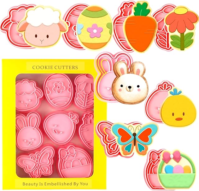 Crethink Easter Cookie Cutter Set,8 Pieces Plastic Biscuit Cutters,Easter Eggs,Rabbit,Chick,Butterfly,Sheep,Carrot,Basket with Colored Eggs,Easter Flowers.