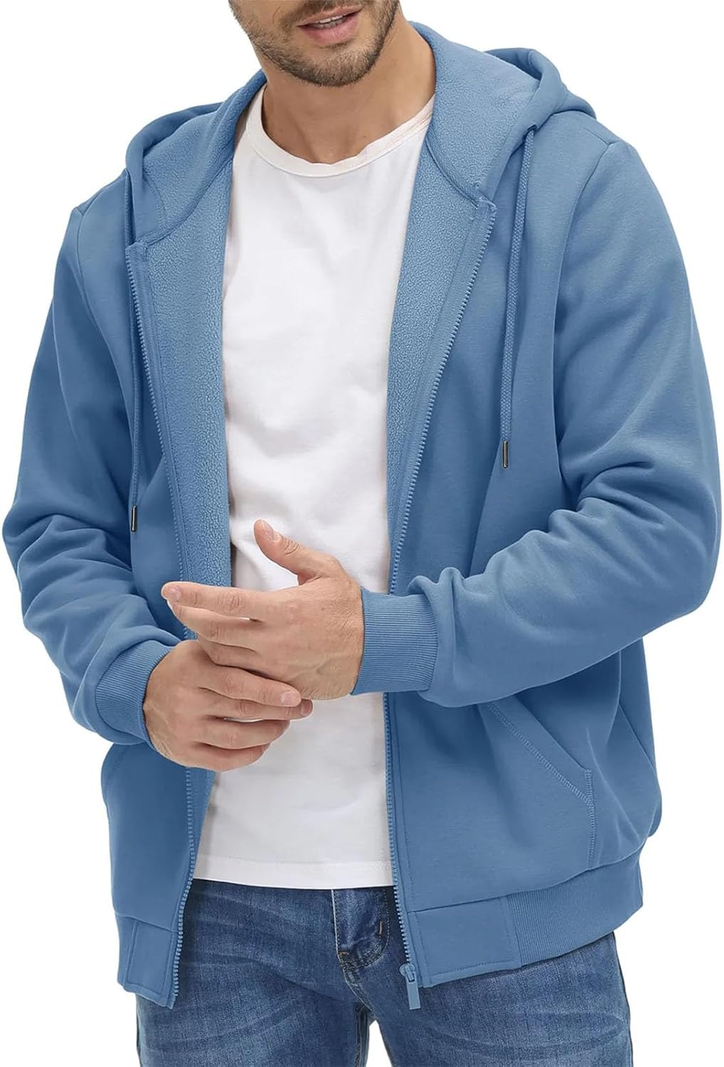 Mens Drawstring Hooded Big Pockets Jackets Solid Color Full Zip Up Running Hiking Coats