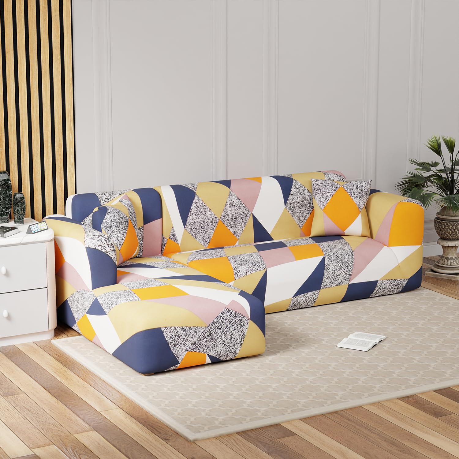 LukzerUniversal L-Shaped Sofa Cover for Living Room Non-Slip Stretchable Couch Protector Polyester Flexible Slipcover (3+3 Seater, Multicolor Design)