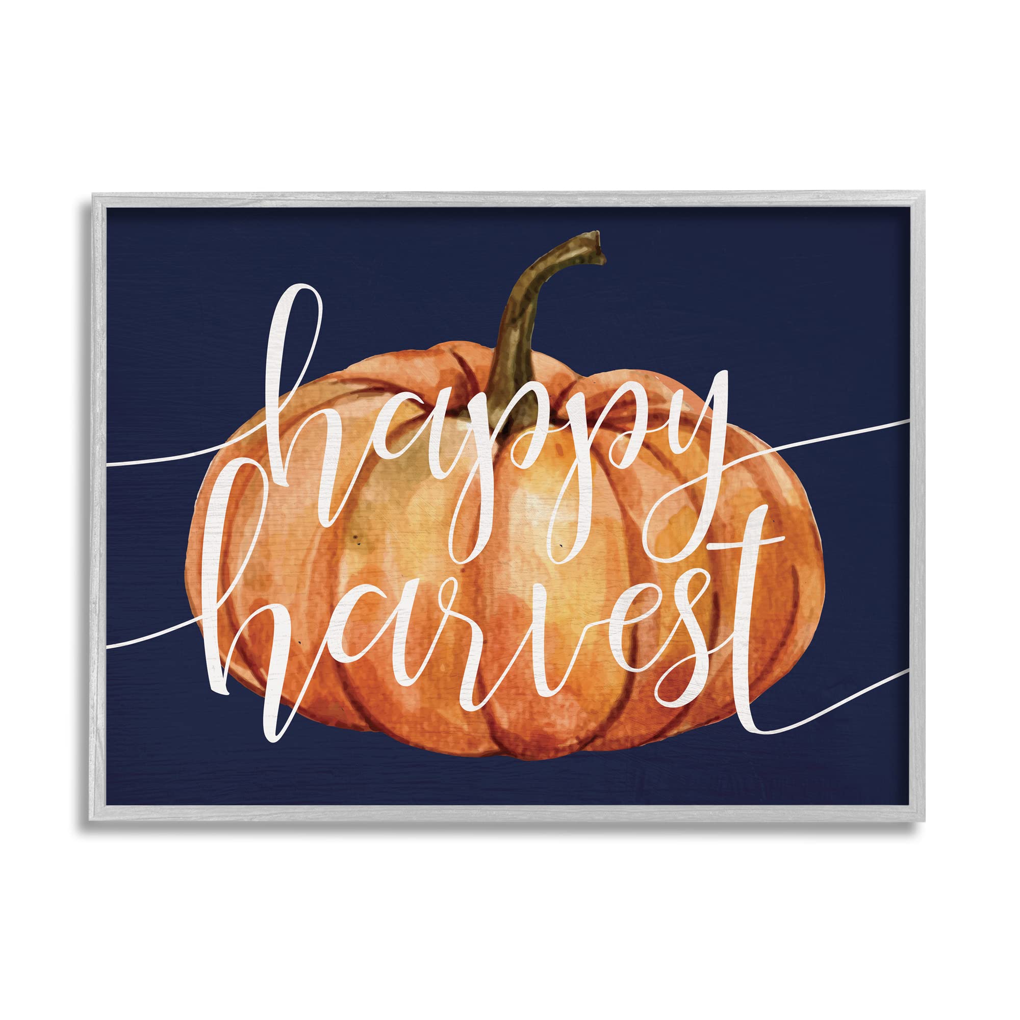 Stupell Industries Happy Harvest Phrase Orange Pumpkin Over Blue Grey Framed Wall Art, 14 x 11
