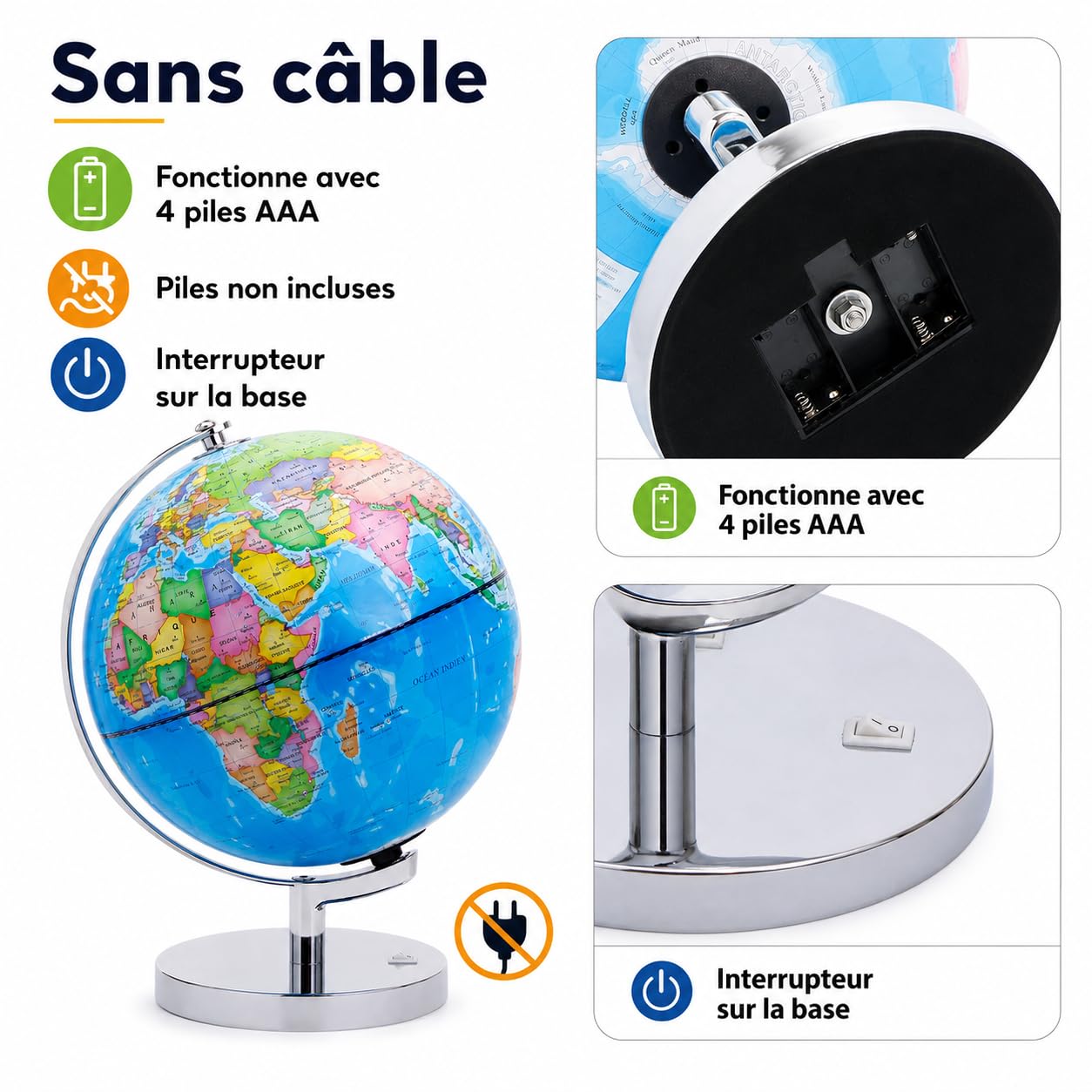 EXERZ Globe Terrestre Lumineux 23 cm Français LED Support Métal | Sans câble avec support métal carte politique jour ciel étoilé nuit pour enfants bureau chambre cadeau