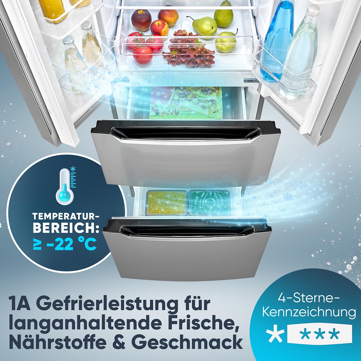 Bomann Réfrigérateur et Congélateur 320L Inox KG7361-Inox, Système MultiAirflow, Totalement Sans Givre, Éclairage LED, 4 Étagères en Verre, 2 Tiroirs Congélation, Économie d'Énergie