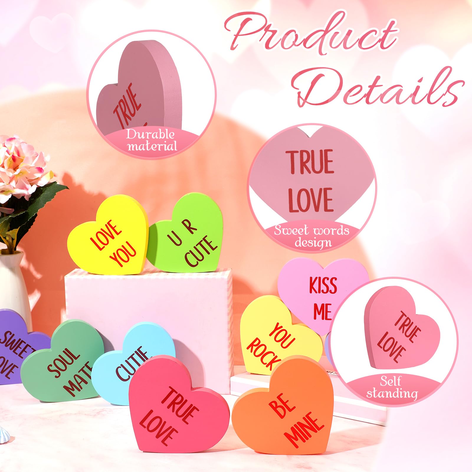 Faccito 12 centros de mesa de madera para el día de San Valentín, letreros de madera de corazón de caramelo, decoraciones de mesa de San Valentín, decoración de mesa Be Mine Love You Kiss Me,