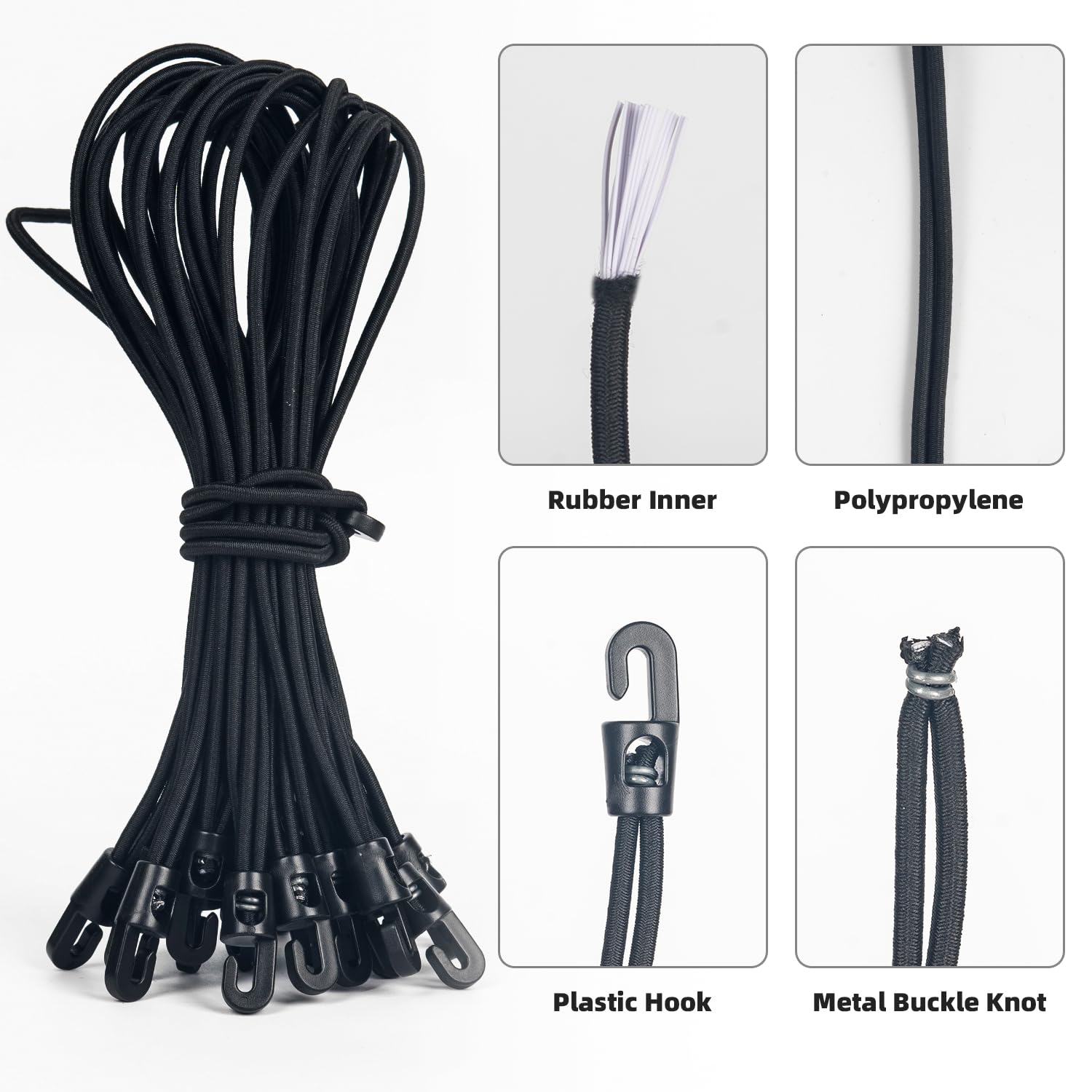 100 pcs 25cm/10 Inch bungee cords with hooks,short bungee cords with hooks,heavy duty bungee cords with hooks,small bungee cords with hooks,Small Tarpaulin Hooks (Black) - Image 2