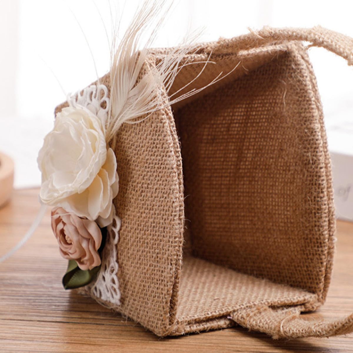Artibetter Panier de Demoiselle D'honneur Rustique en Lin Ensemble de Mariage Coussin Annulaire et Décoré de Fleurs Artificielles pour Cérémonie de Fiançailles