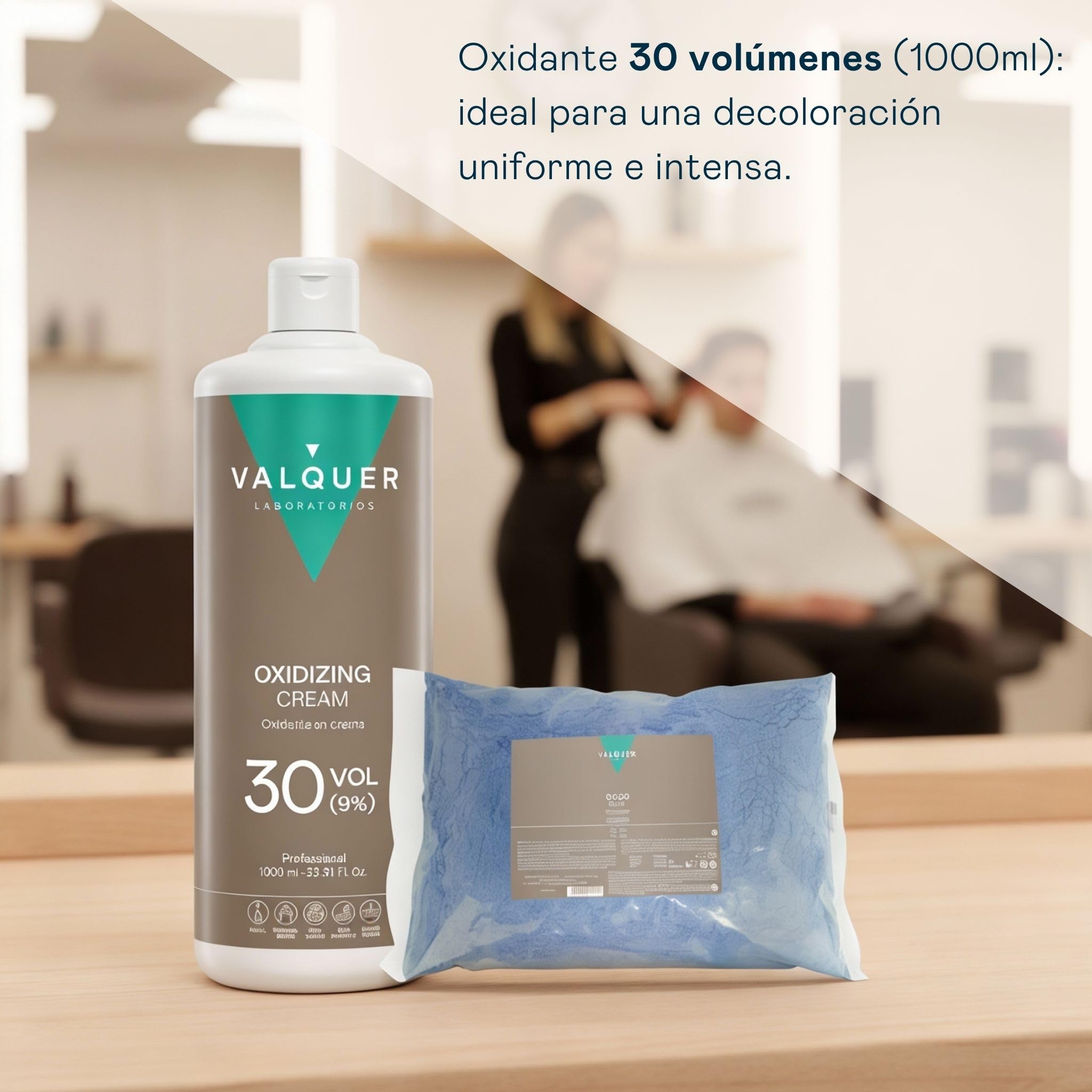 VALQUER Pack Decolorante de Pelo Profesional Permanente | Polvos Deco Blue 500 g y Agua Oxigenada 30 Vol 9% 1 L | Alta Aclaración del Pelo hasta 6 Tonos con Proteínas de Trigo | Vegano