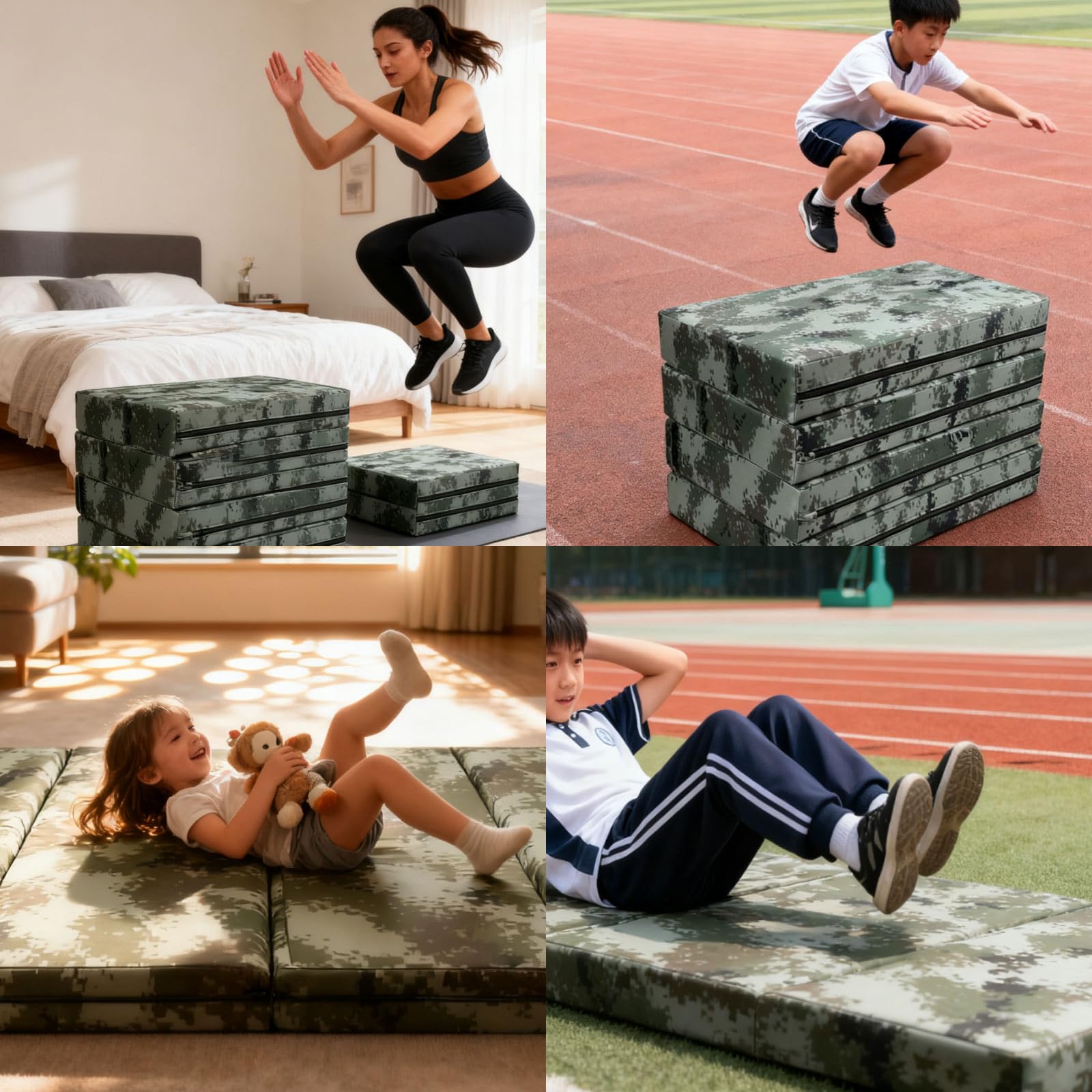 Tappetino da Sport 4-Fold 200x100x10cm, Tappetino Ginnastica Fitness Pieghevole, Antiscivolo Resistente, Schiuma Épaisse per Protezione Articolare, Casa e(Size:200*100*10cm/78*39*10in,Color:camuflage)