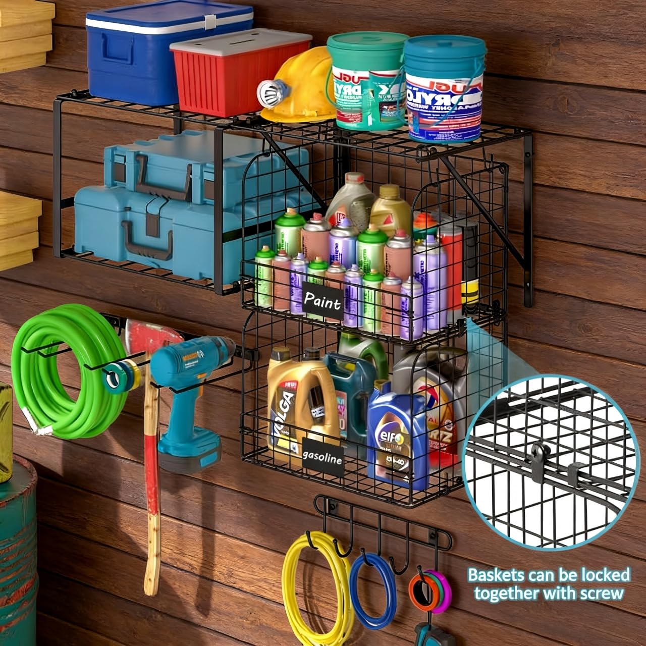 Scaffalatura per Garage Resistente con Cestelli Metallici, Mensole per Lavanderia, Mensole da Parete, Organizer per Attrezzi per Capannone, Giardino, Cucina, Rimorchio