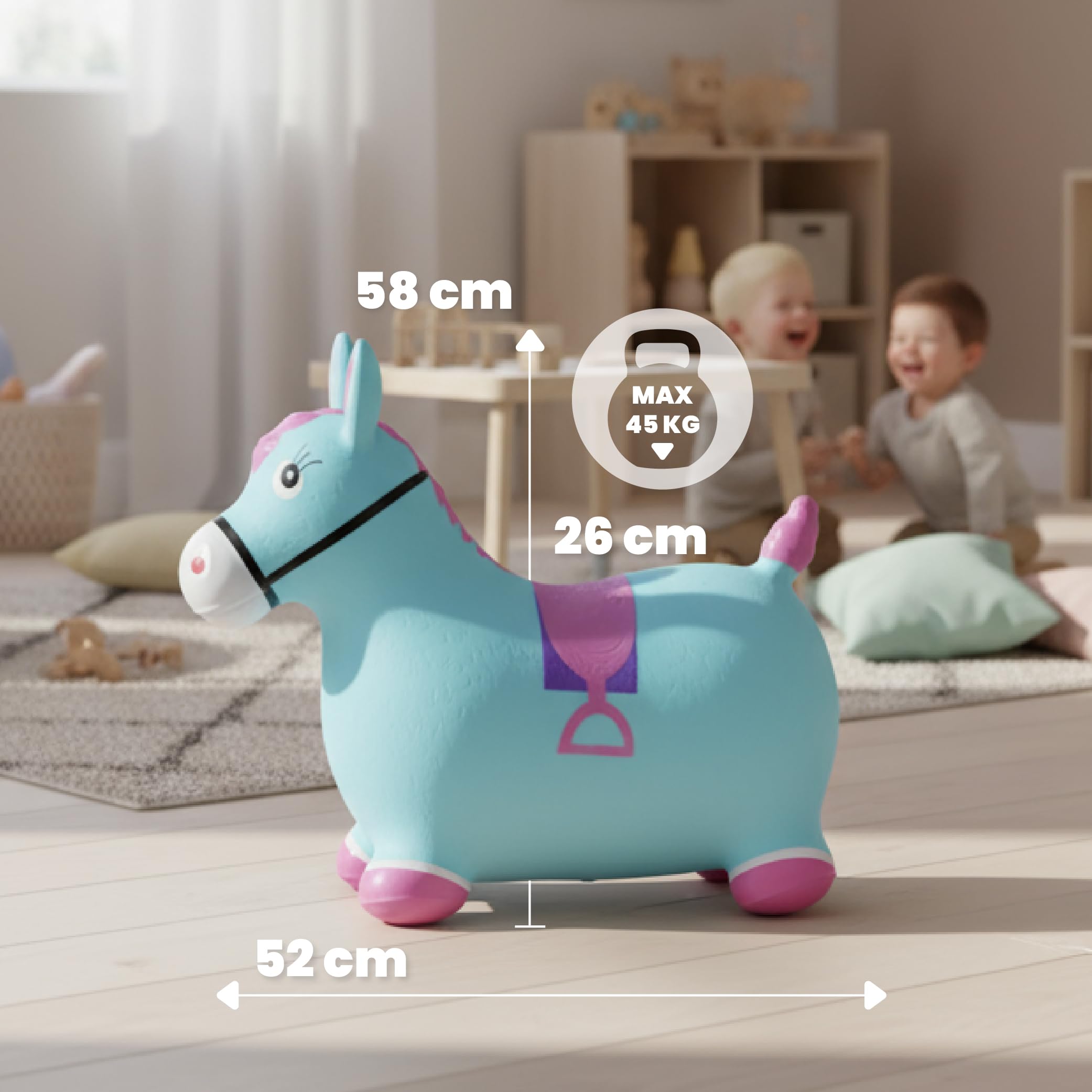 Sun Baby Animale gonfiabile che salta, giocattolo di 1 anno, saltarello per bambini, design ergonomico, cavallo giocattolo, pompa manuale inclusa (Cavallo blu)