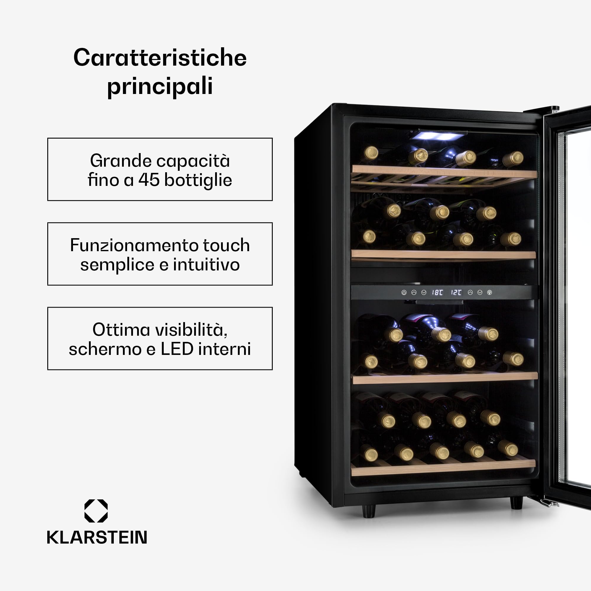 KLARSTEIN Cantinetta Vino, Cantinetta Vino Refrigerata a Zona Doppia per Interno/Esterni, Frigo Bar, Cantina Vino con Vetrina, Mini Bar con Protezione UV, Frigo Vino Touch, 5-18°C, 45 Bottiglie