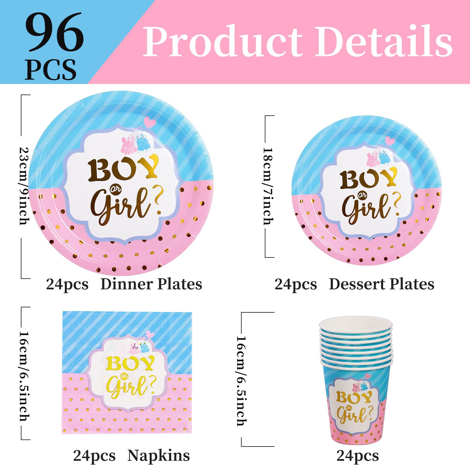 Nkaiso Gender Reveal Party Piatti, 96Pezzi Blu e Rosa Baby Shower Stoviglie per Feste, Gender Reveal Supplies per Piatti Bicchieri Tovaglioli Feste Compleanno Decorazioni -24 Ospiti