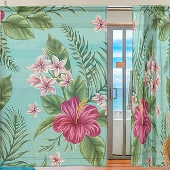 Amazon｜レースカーテン ハワイアン トロピカル 葉 花 カーテン
