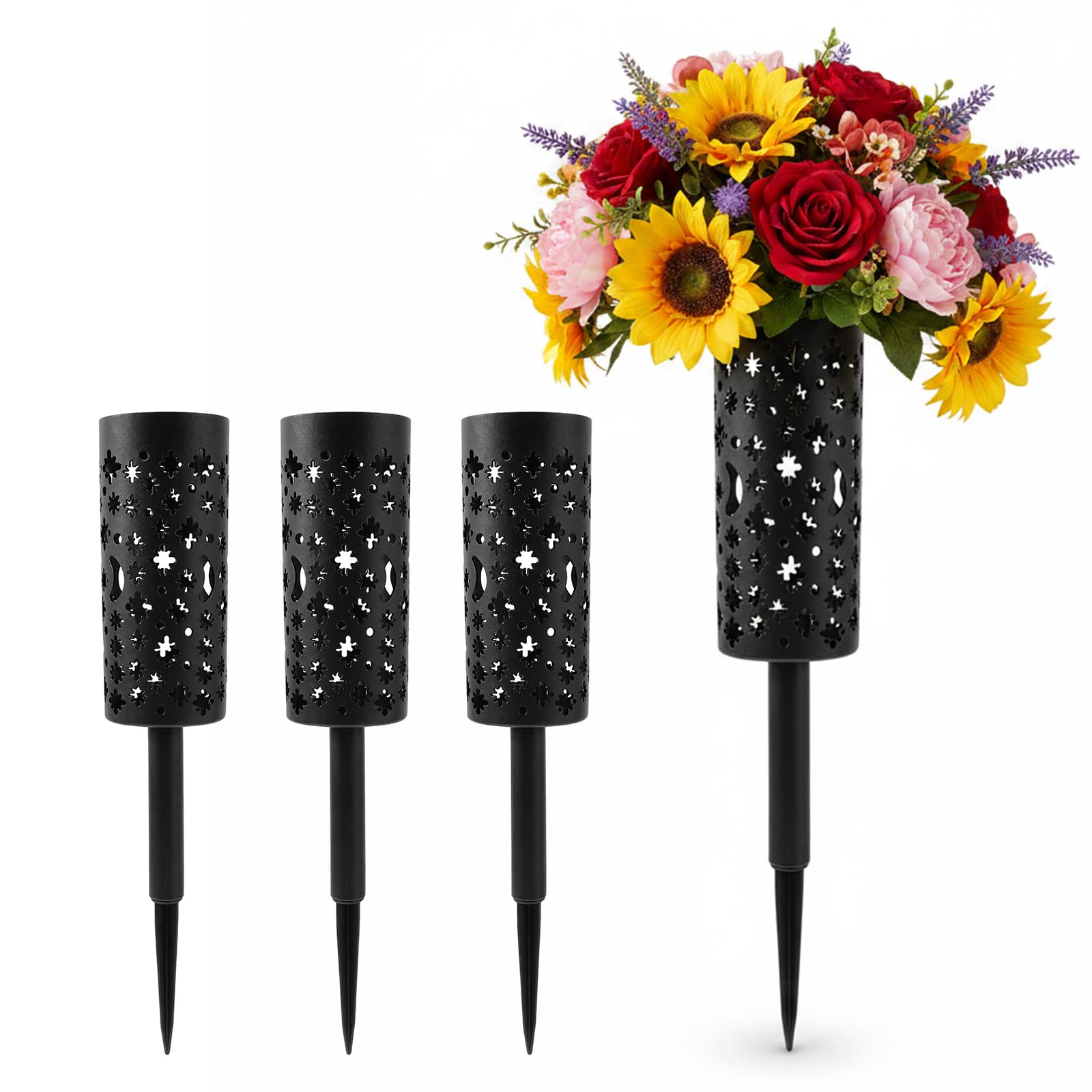 Yulondar 4Pcs Grave Flower Pots, Black Memorial Vases with Spike