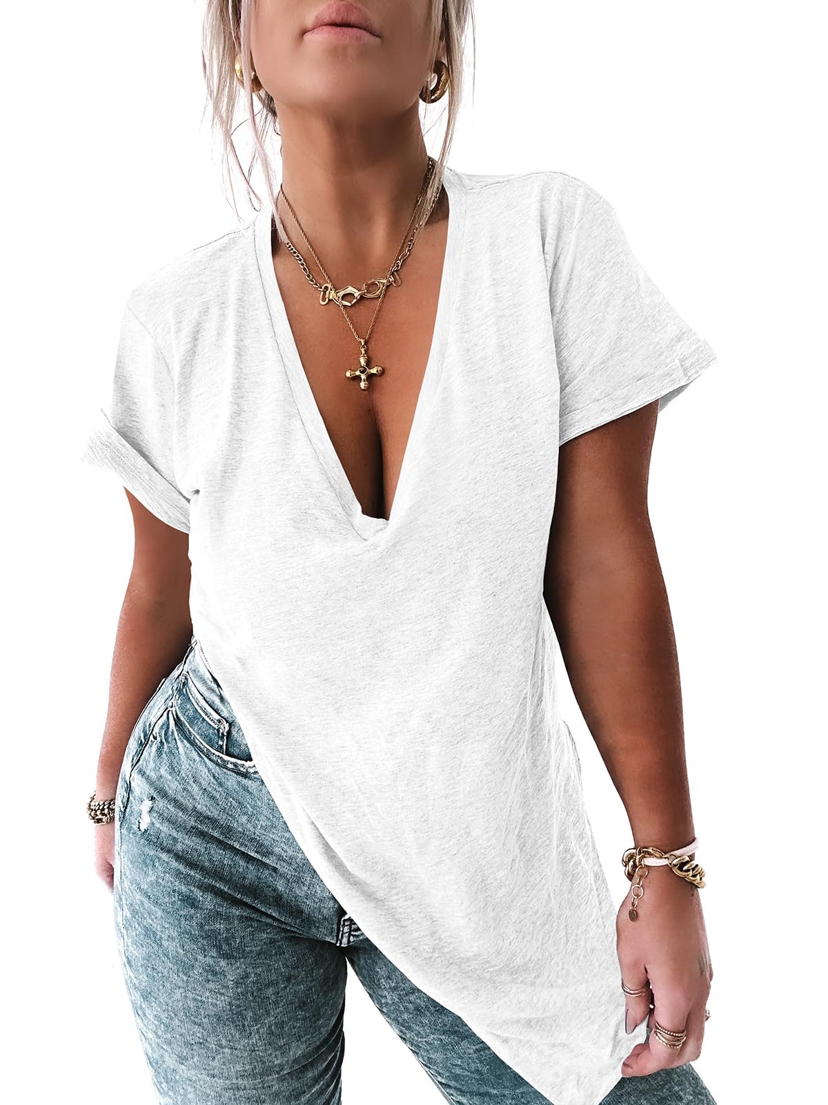 Womens Deep V Neck T Shirts Summer Oversized Tshirts Tunic Tops