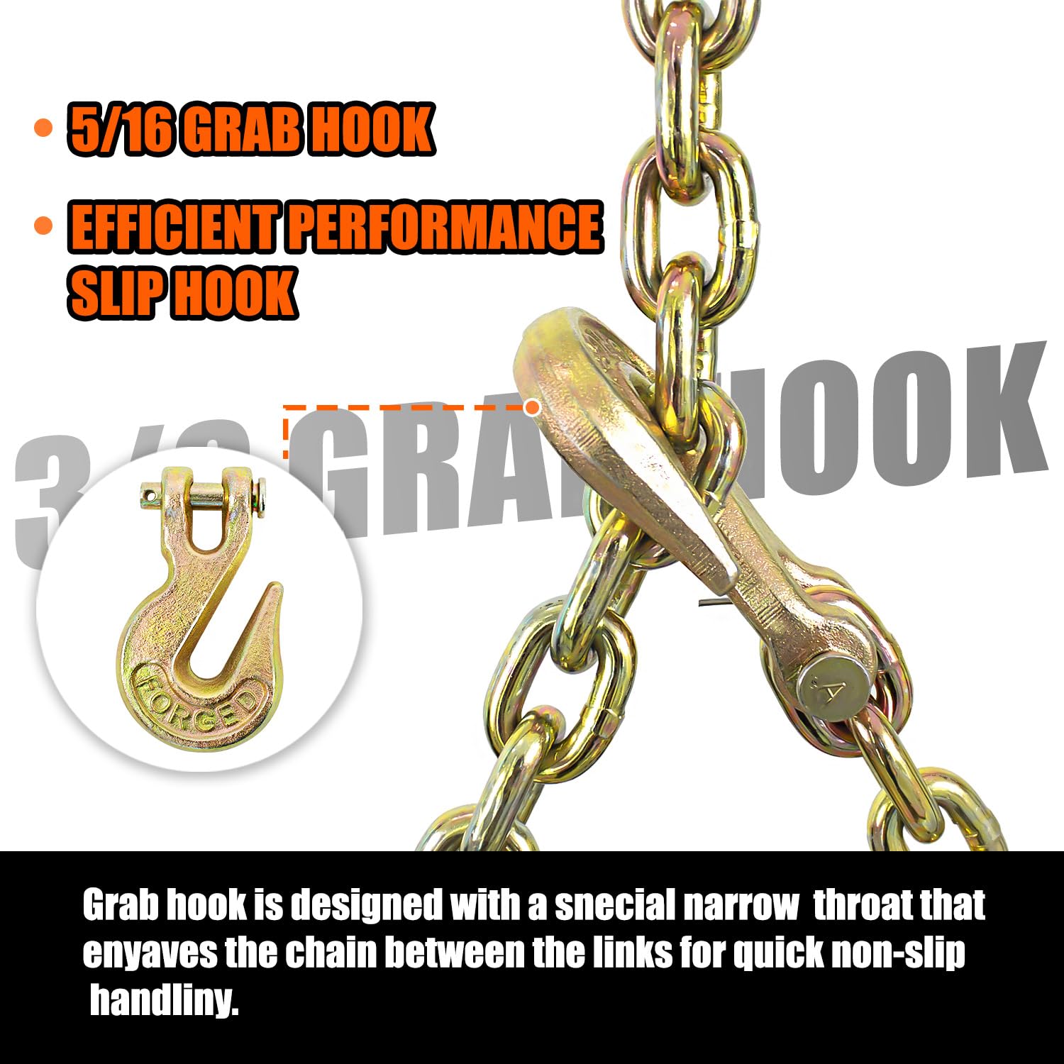 TKK G80 Transport Binder Chain, 5/16 Inch x 15 Foot Logging Chain with Grab and Sling Hooks 7,100 lbs Safe Working Load Heavy Duty Chain for Transporting Towing Tie Down Binding Equipment