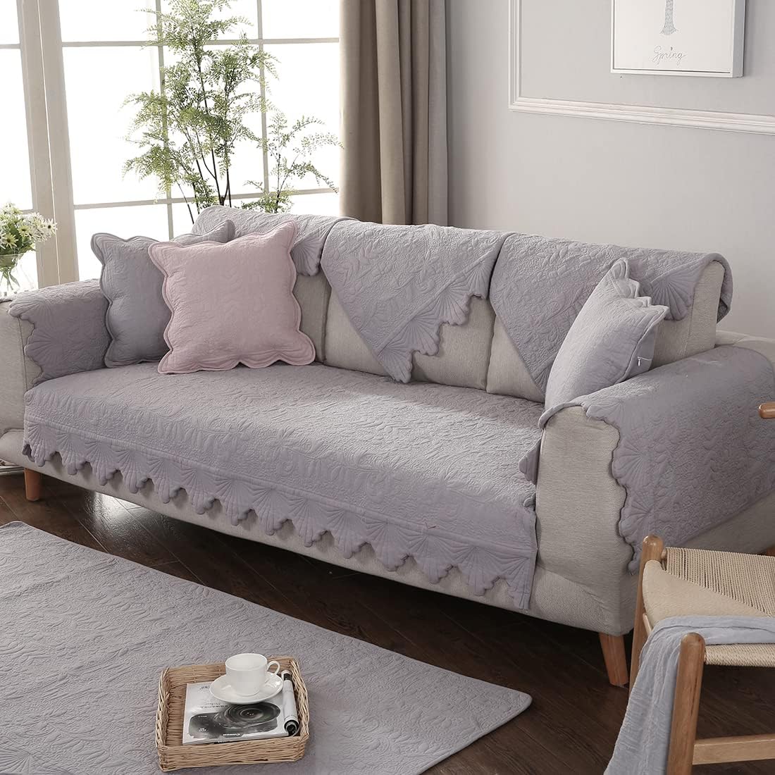 Cotton Embroidery Couch Sofa Cover Leaf and Floral Pattern Nonslip Quilted Furniture Protector Slipcover for Dogs, Children, Pets Sofa Slipcover Machine Washable (Gray,36"x70")