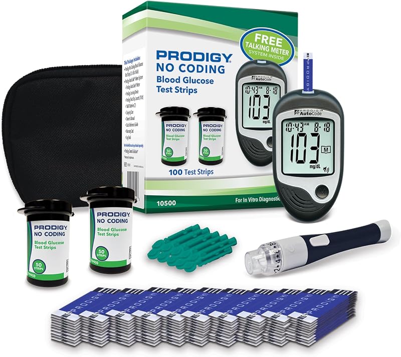 Tiras reactivas 10500 de 100 unidades con kit de inicio de medidor parlante AutoCode, medidor parlante de glucosa en sangre PRODIGY AutoCode, tiras reactivas de glucosa en sangre sin codificación (2 viales de 50 unidades), dispositivo de punción de profundidad ajustable, lancetas con tapa giratoria de 28 G (10 unidades), estuche de transporte, guía de referencia rápida, manual del propietario