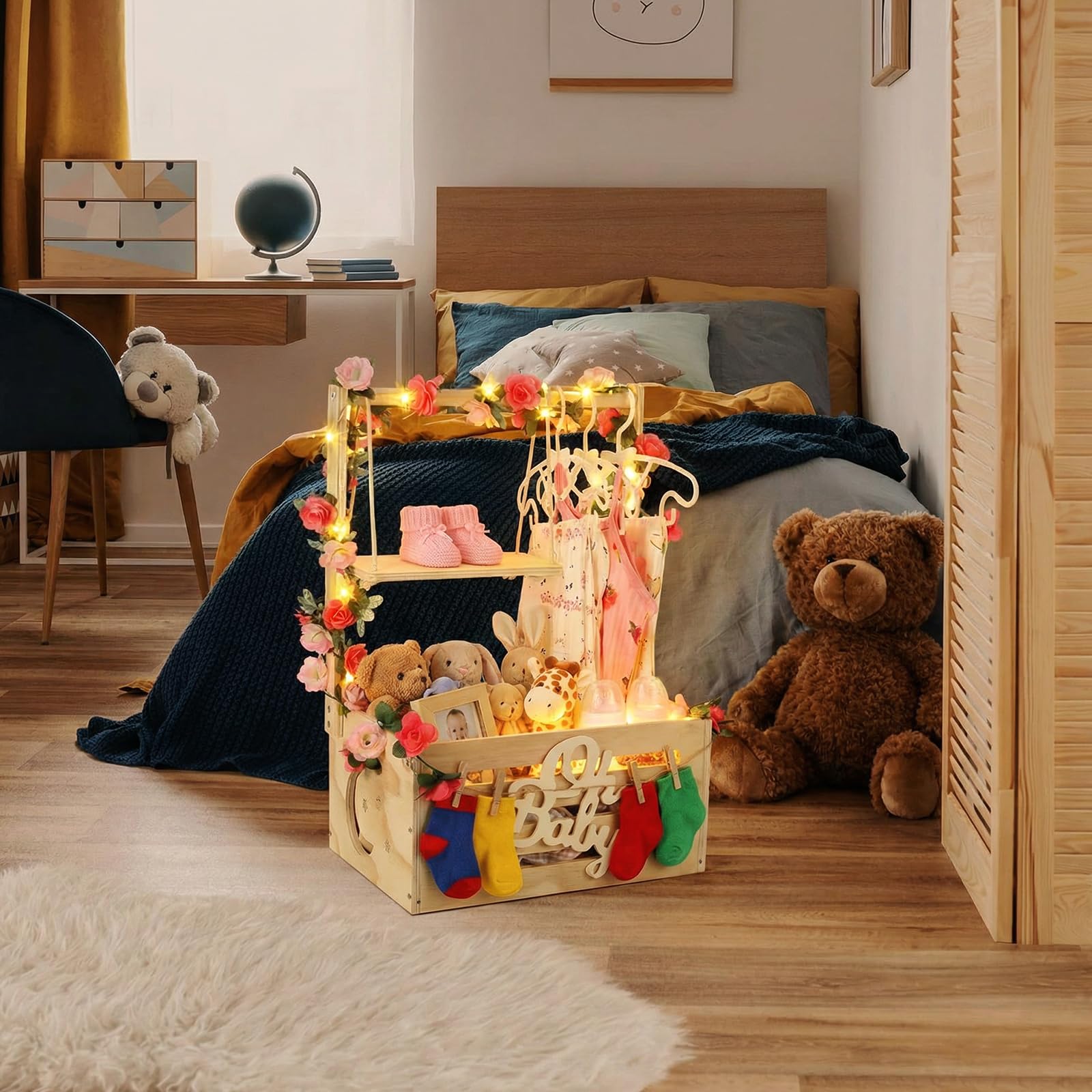 Armario de madera para baby shower, cesta de regalo personalizada para bebé con mango ajustable, incluye luces de cadena, guirnalda, 6 ganchos y 6 clips, regalo único para recién nacidos para niños y