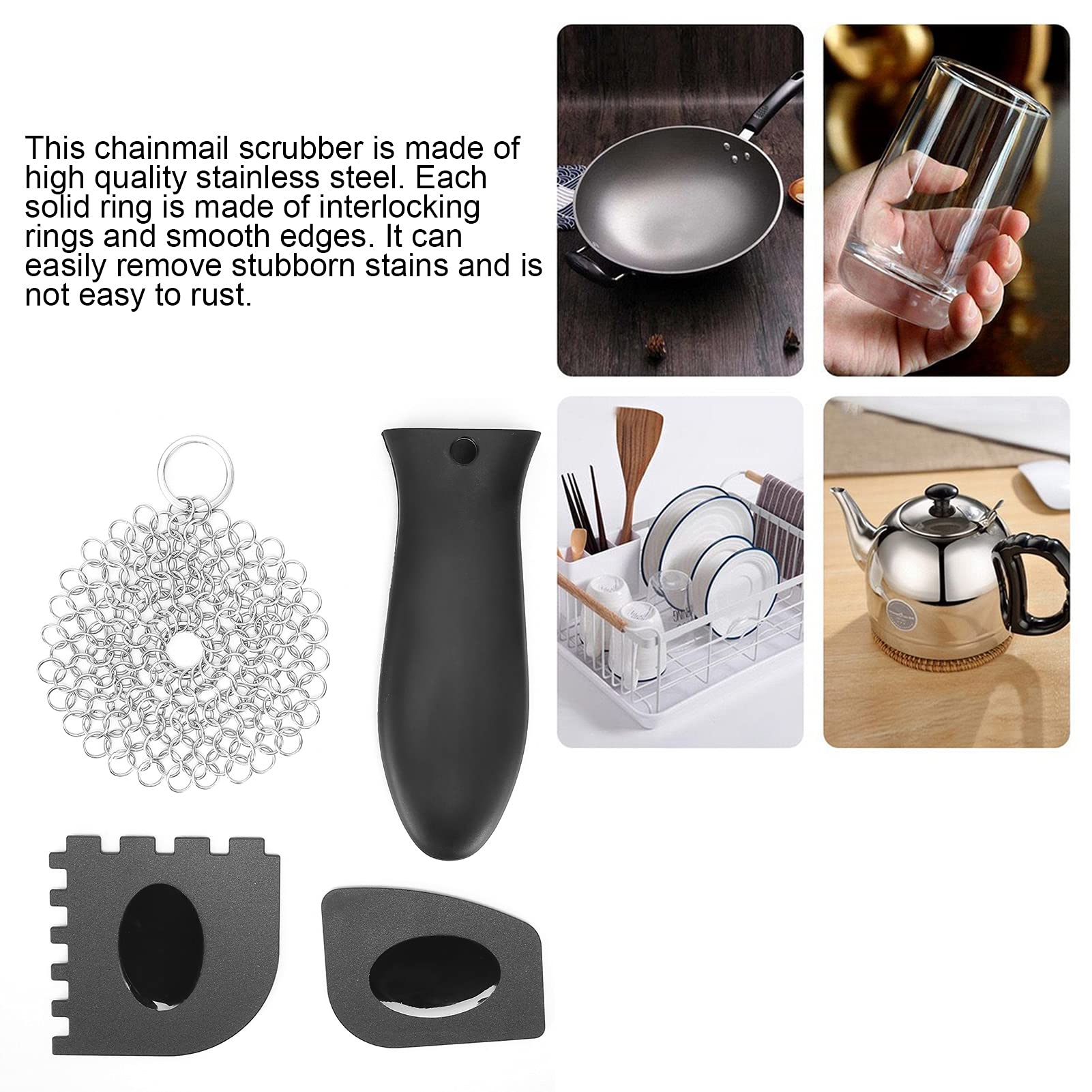 Cast Iron Chainmail Scrubber Pan Scraper,Stainless Steel Cleaner Pot Scrubber Toothed Scraper Kit for Kitchen Easy Cleaned Dishwasher Safe