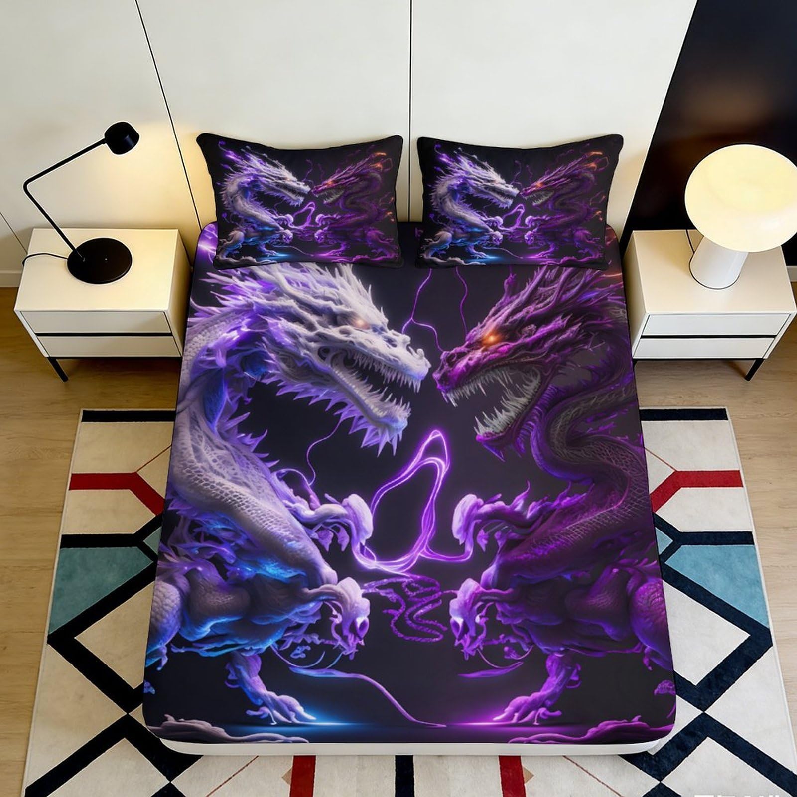 Jqzkxnhpbr Style-2 3D Printed Purple Dragon Fitted Sheet Microfiber Soft Breathable Black Fire Dragon Mattress Cover For Bedroom Dorm Decor 90X200x25cm
